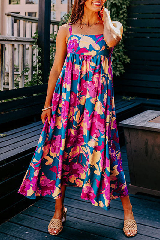 Dark Blue Floral High Waist Sleeveless Flared Long Dress-Dresses/Floral Dresses-[Adult]-[Female]-Dark Blue-S-2022 Online Blue Zone Planet
