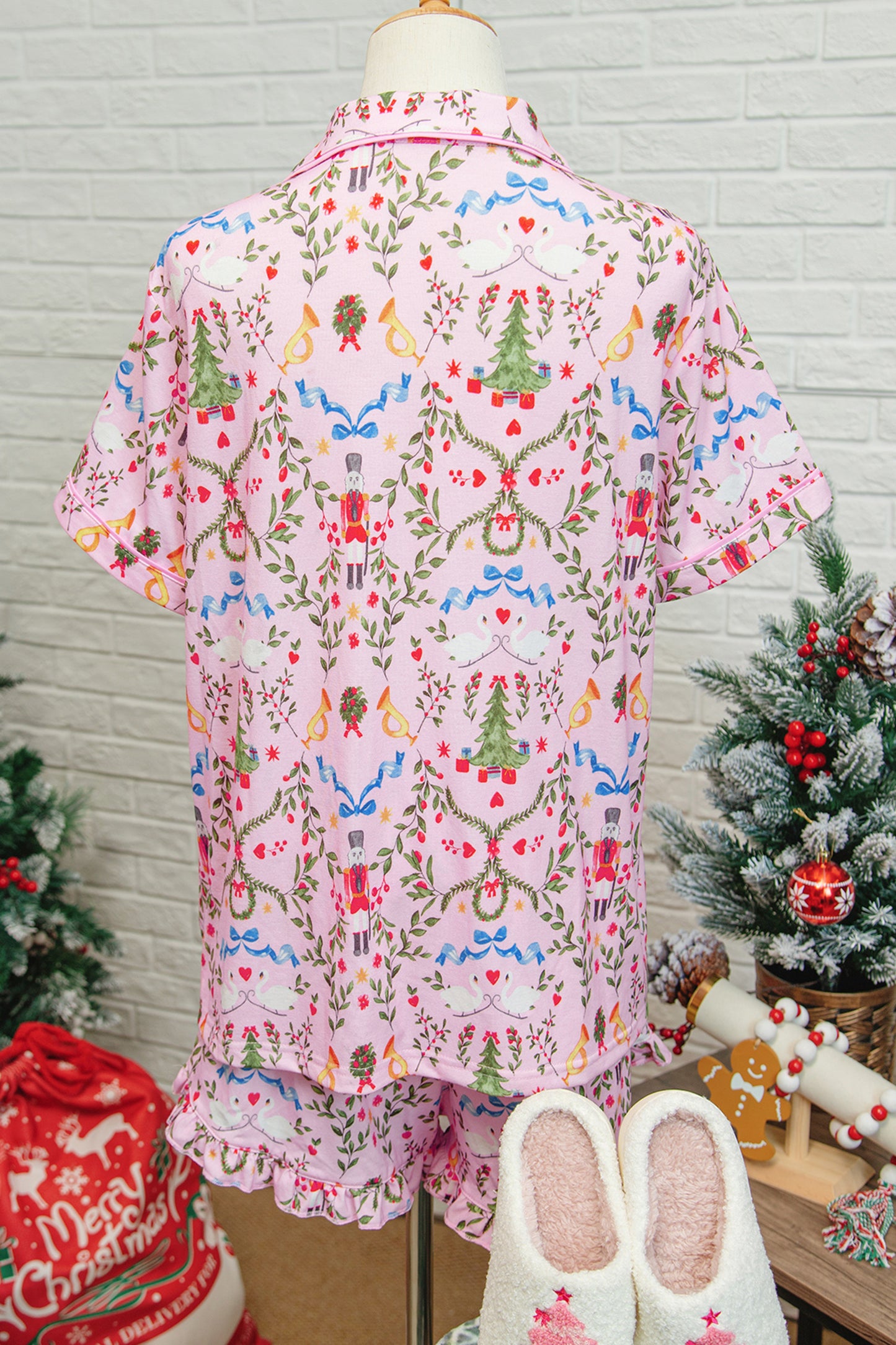 Pink Nutcracker Doll Christmas Print Ribbon Tie Waist Short 2pcs Pajama Set-Loungewear & Sleepwear/Sleepwear-[Adult]-[Female]-2022 Online Blue Zone Planet