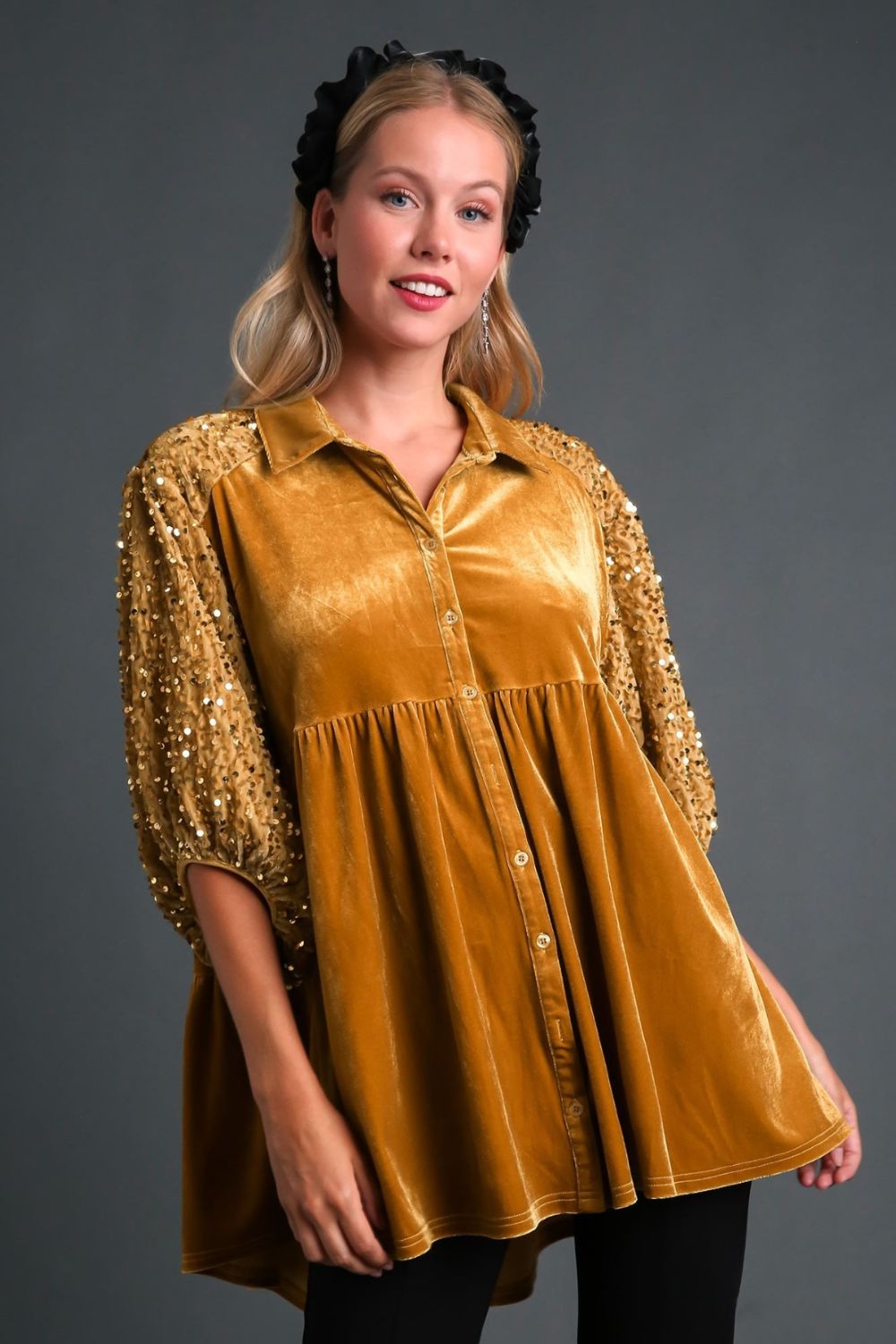 Umgee Sequin Detail Tiered Back Half Sleeve Shirt-TOPS / DRESSES-[Adult]-[Female]-Mustard-S-2022 Online Blue Zone Planet