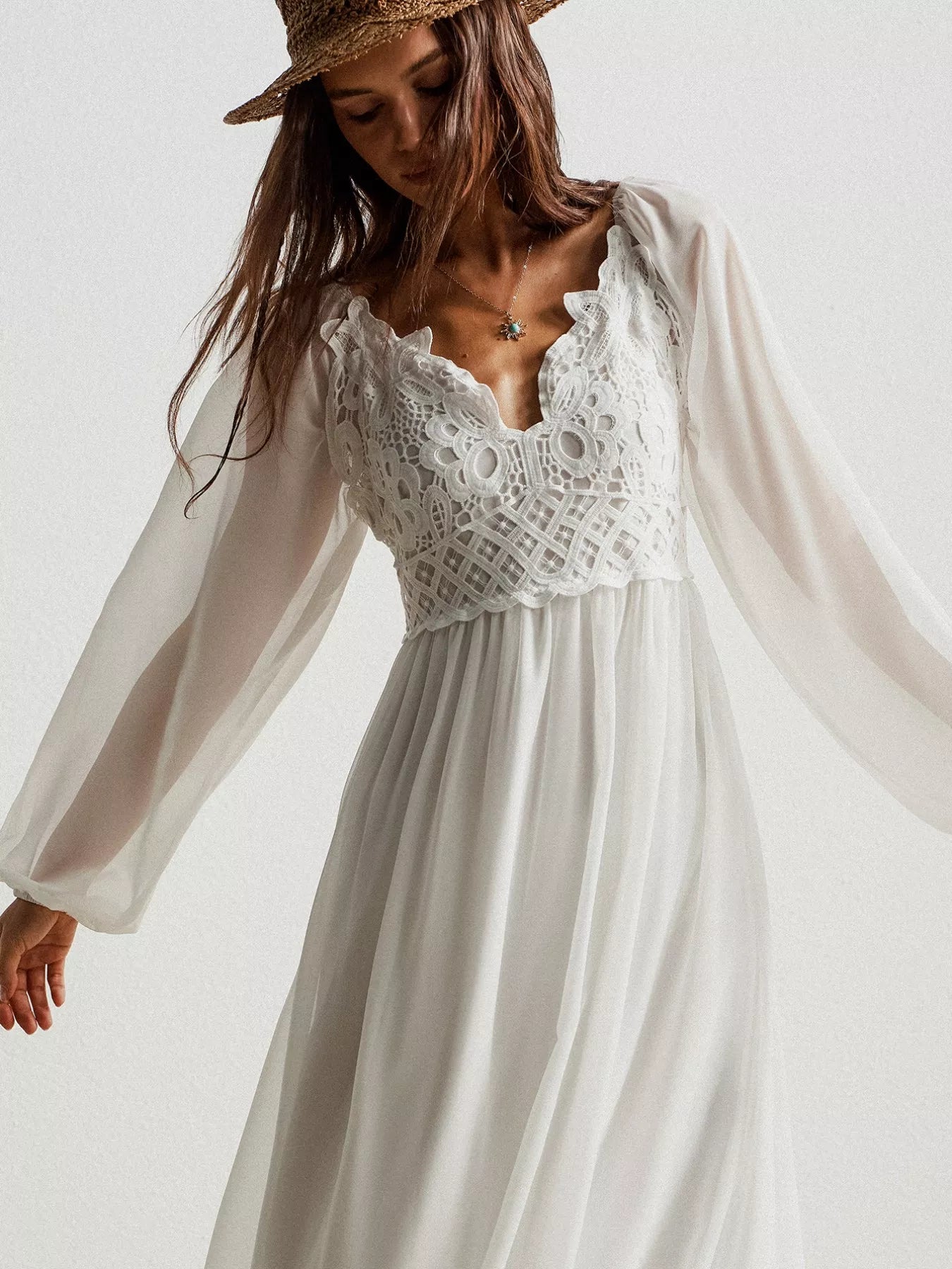 boho lace maxi dress long sleeve White Lace Boho Maxi Wedding Dress with Long Bell Sleeves & High Slit