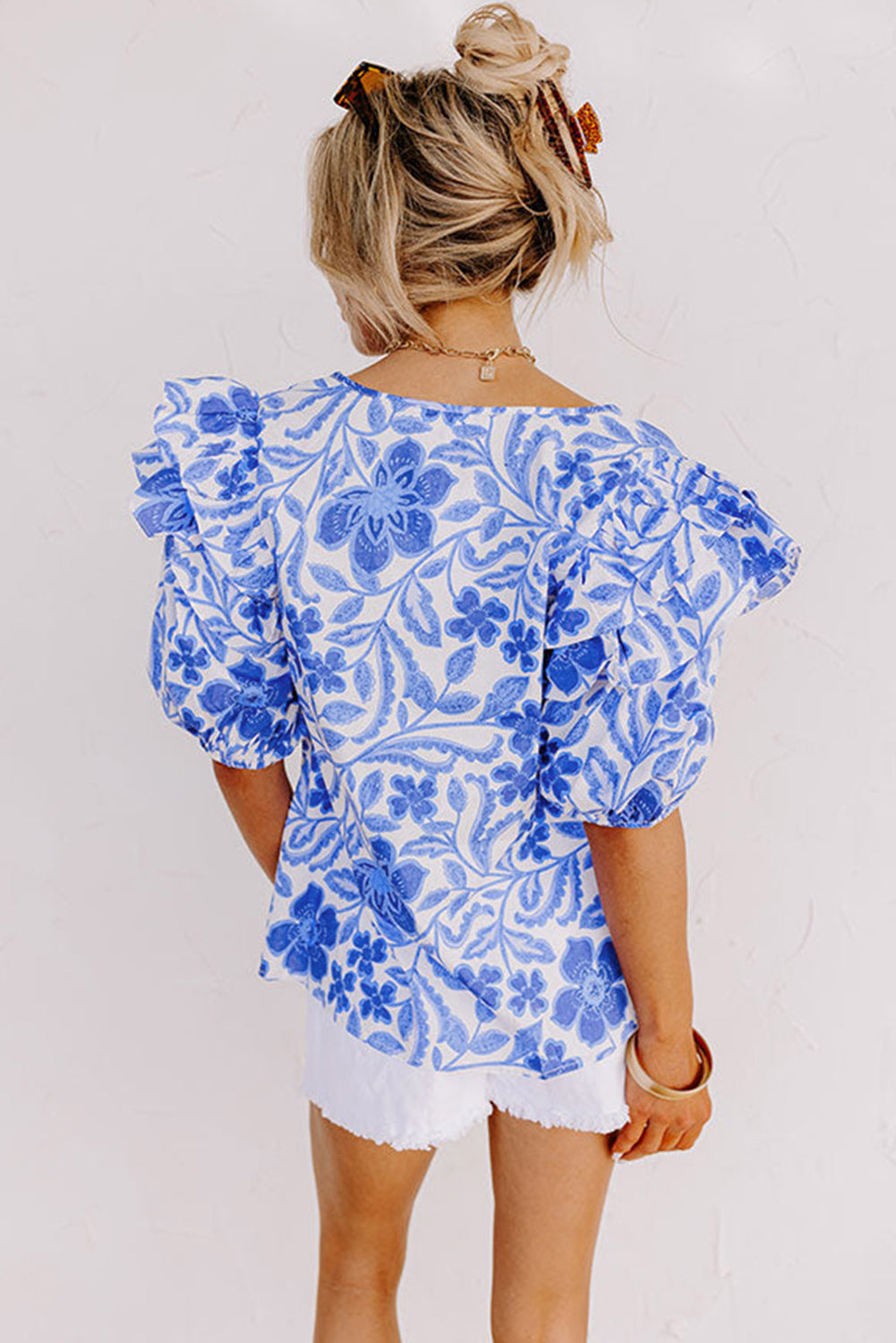 Dark Blue Floral Print Ruffled Bubble Sleeve Blouse-Tops/Blouses & Shirts-[Adult]-[Female]-2022 Online Blue Zone Planet