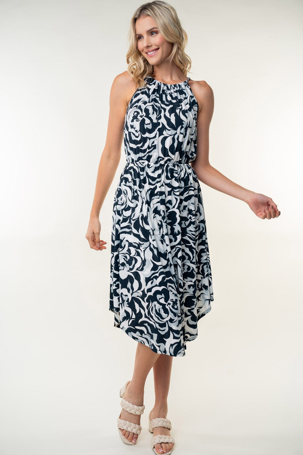 White Birch Tied Ruched Floral Sleeveless Knee Length Dress-TOPS / DRESSES-[Adult]-[Female]-Black-S-2022 Online Blue Zone Planet