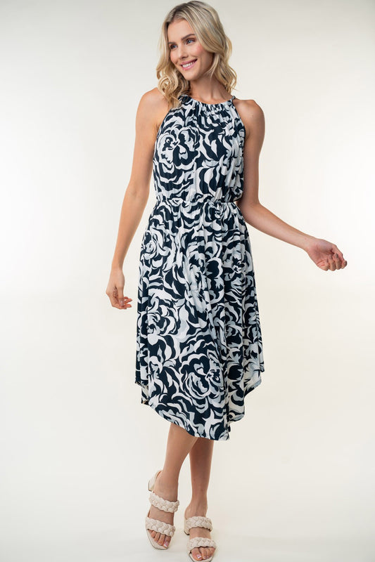 White Birch Tied Ruched Floral Sleeveless Knee Length Dress-TOPS / DRESSES-[Adult]-[Female]-Black-S-2022 Online Blue Zone Planet