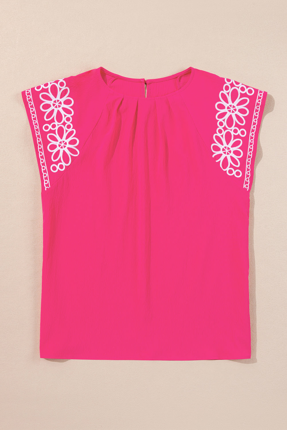 Blue Zone Planet | Strawberry Pink Floral Embroidered Flutter Sleeve Pleated O Neck Plus Size Blouse-Plus Size/Plus Size Tops/Plus Size Blouses & Shirts-[Adult]-[Female]-2022 Online Blue Zone Planet