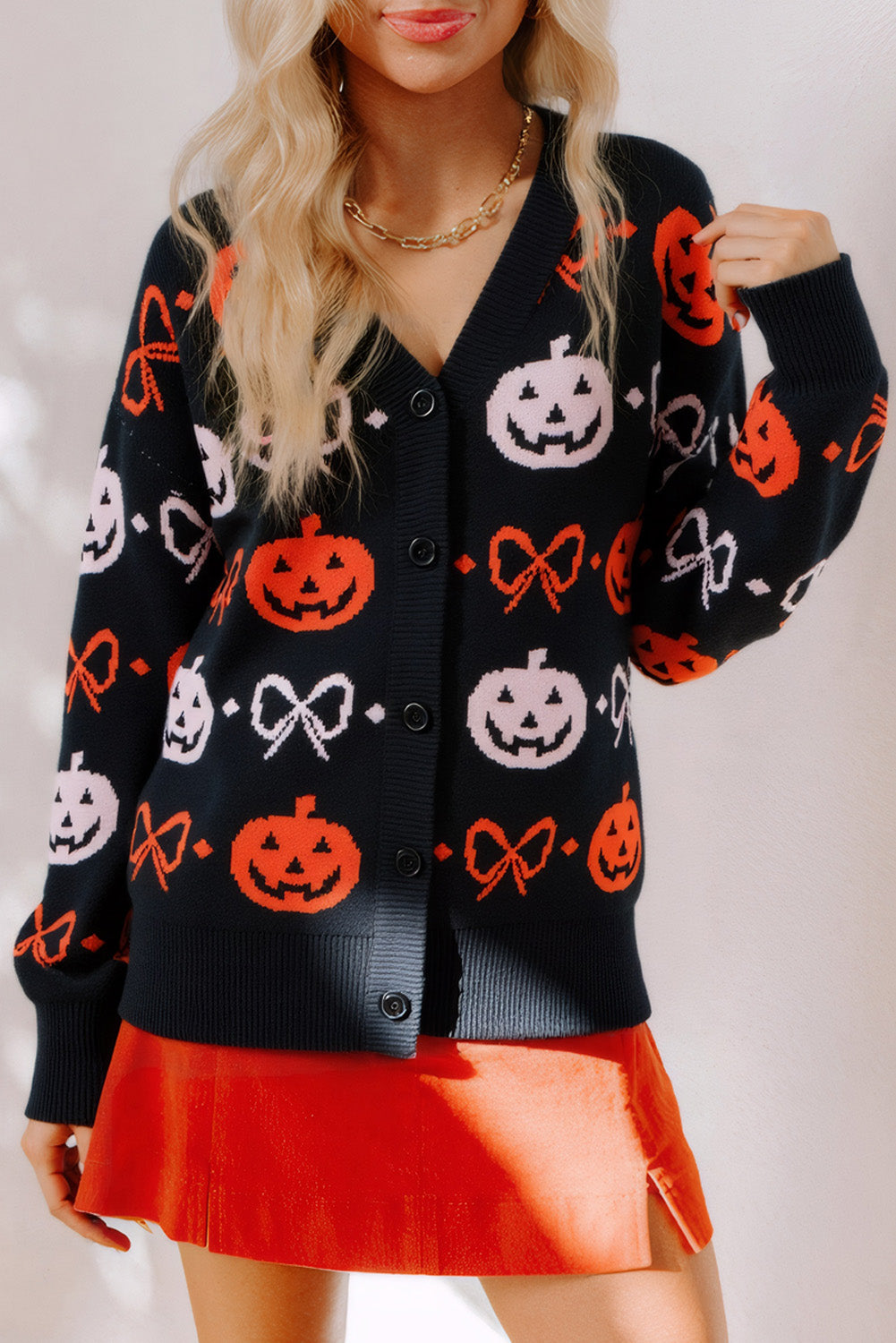 Black Halloween Pumpkin Bow Knit Button V Neck Sweater Cardigan-Sweaters & Cardigans/Cardigans-[Adult]-[Female]-Black-S-2022 Online Blue Zone Planet