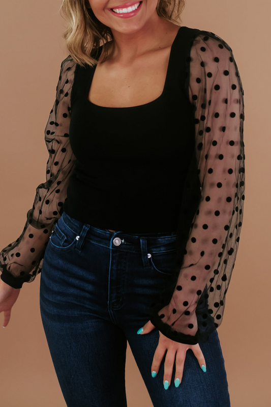Black Polka Dot Mesh Puff Sleeve Patchwork Ribbed Square Neck Slim Top-Tops/Long Sleeve Tops-[Adult]-[Female]-Black-S-2022 Online Blue Zone Planet