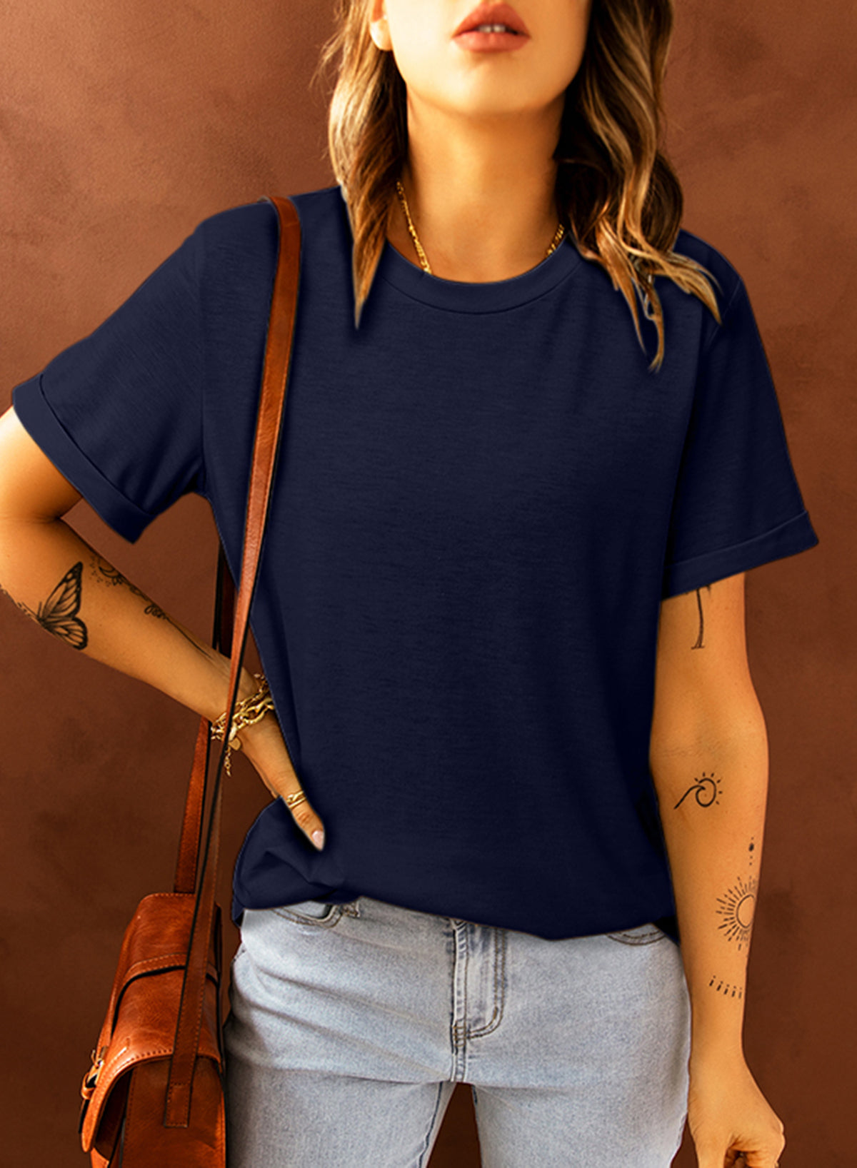 Blue Solid Color Crew Neck Tee-Tops/Tops & Tees-[Adult]-[Female]-Blue-S-2022 Online Blue Zone Planet