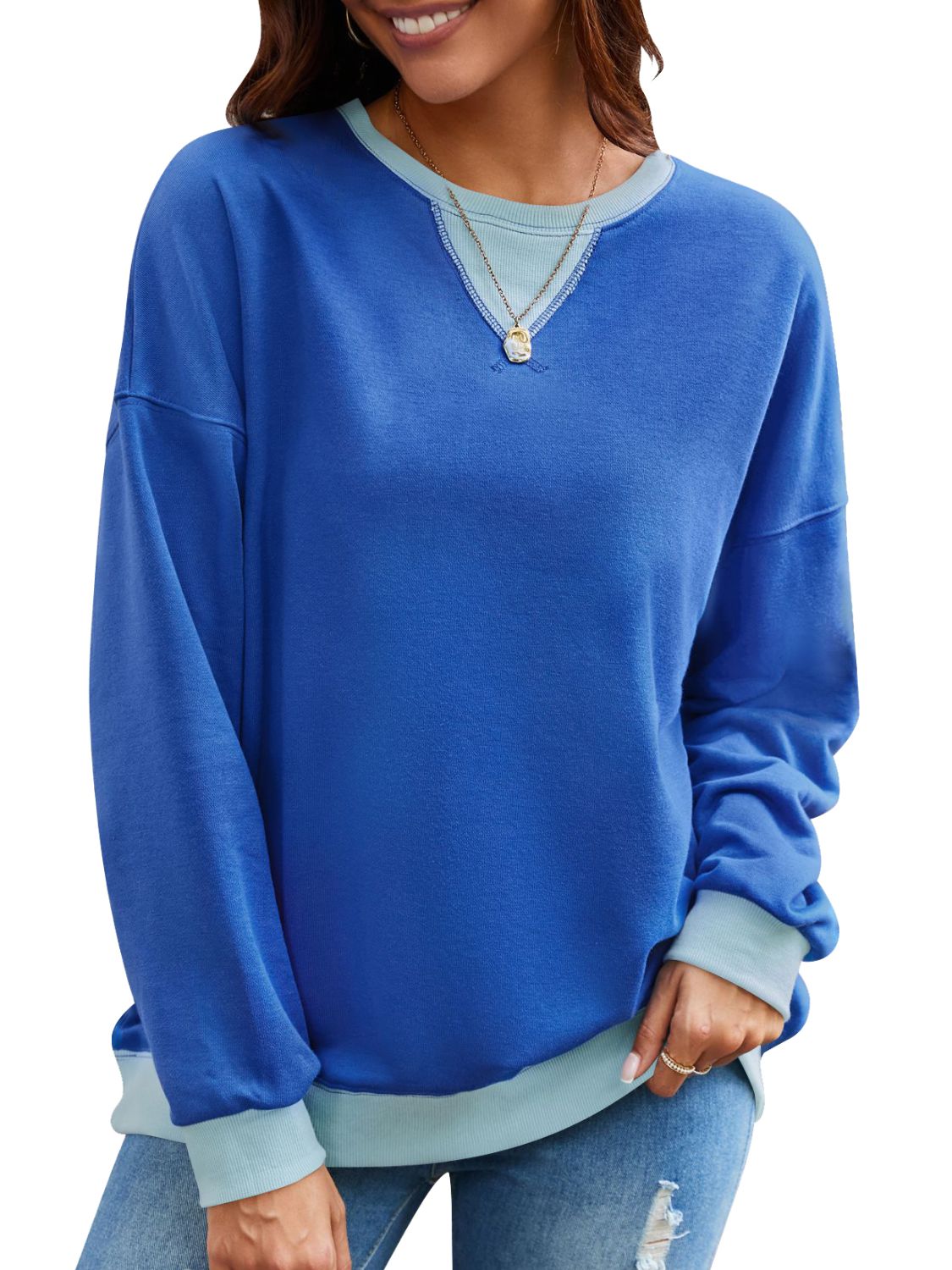 Blue Zone Planet | Lovelet Contrast Round Neck Long Sleeve Sweatshirt-TOPS / DRESSES-[Adult]-[Female]-Navy-S-2022 Online Blue Zone Planet