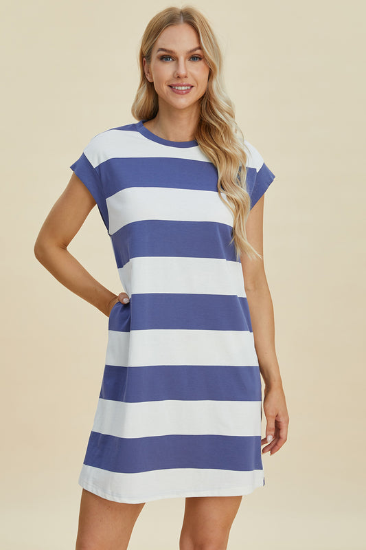 Basic Bae Full Size Striped Round Neck Cap Sleeve Mini Dress-TOPS / DRESSES-[Adult]-[Female]-Dusty Blue-S-2022 Online Blue Zone Planet