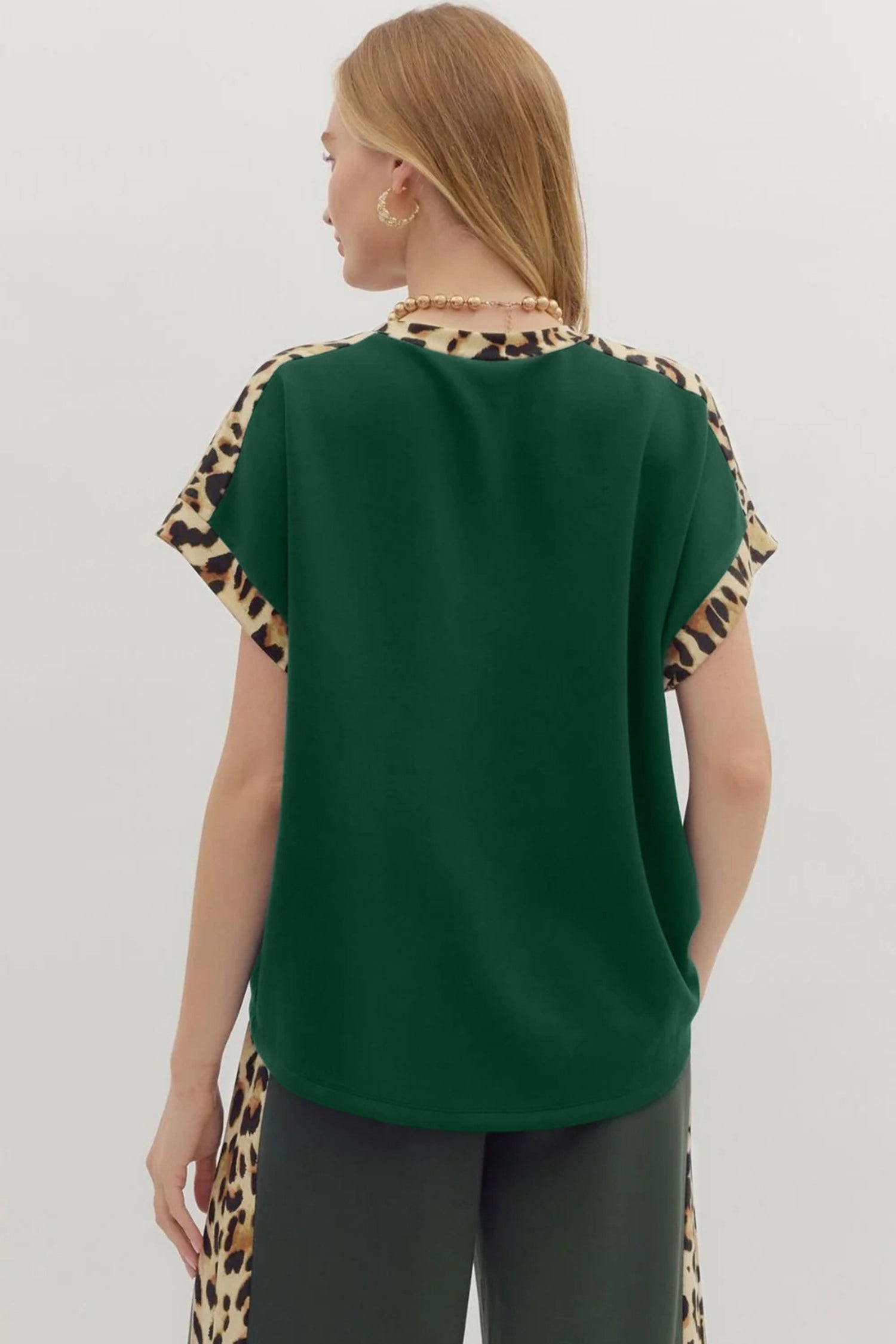 Sea Green Leopard Trim Round Neck Loose T Shirt-Tops/Tops & Tees-[Adult]-[Female]-2022 Online Blue Zone Planet