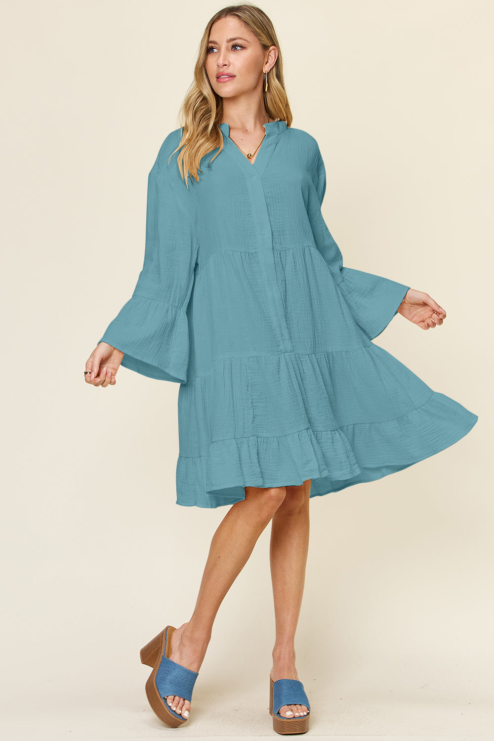 Double Take Full Size Texture Button Up Ruffle Hem Dress-TOPS / DRESSES-[Adult]-[Female]-2022 Online Blue Zone Planet