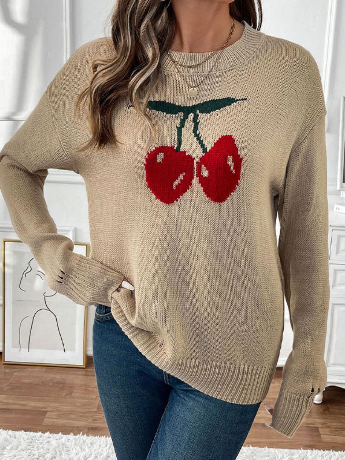 Wholesale MOQ6 Perfee Cherry Round Neck Long Sleeve Sweater