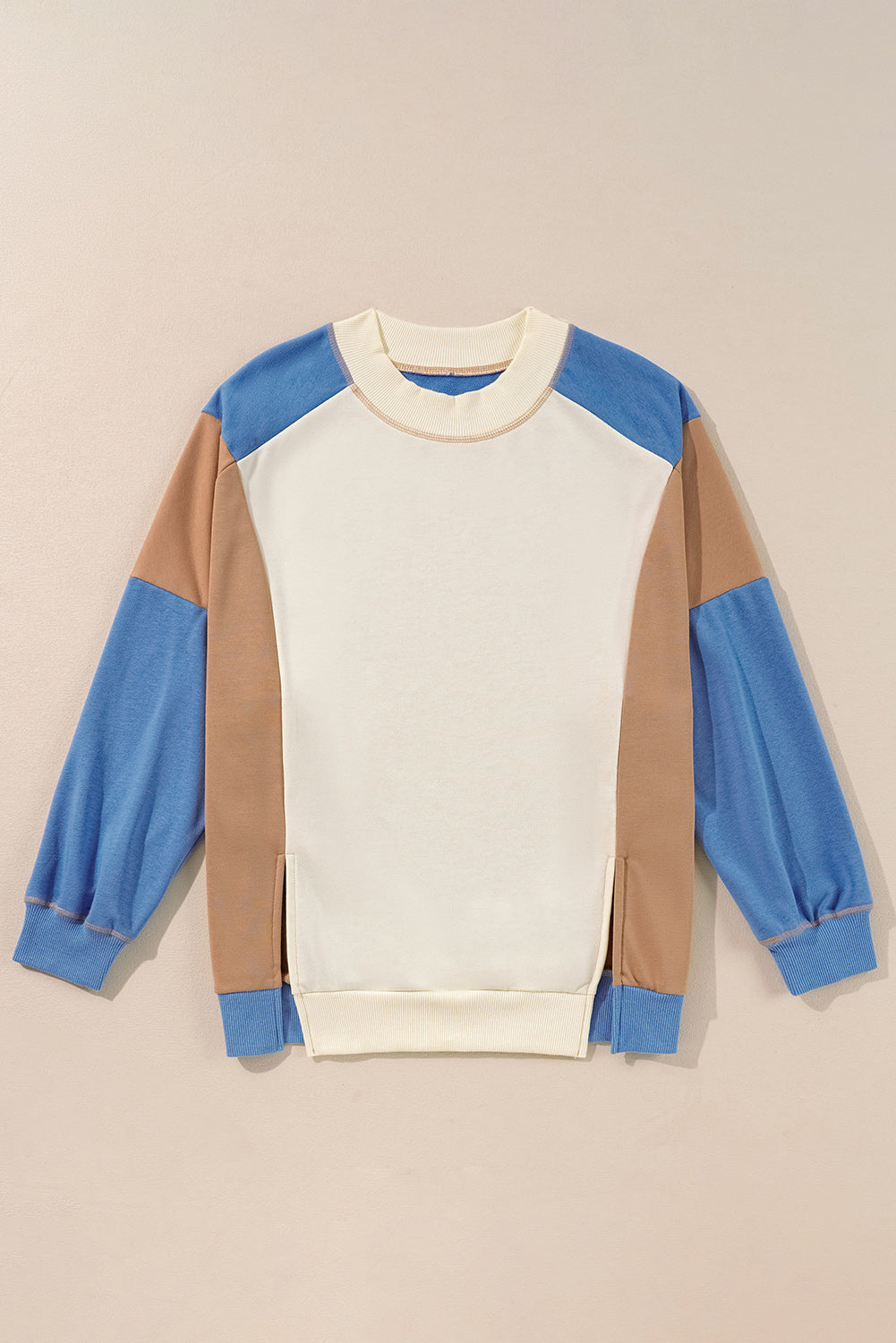 Sky Blue Ribbed Detail Color Block Sleeve Baggy Sweatshirt-Tops/Sweatshirts & Hoodies-[Adult]-[Female]-2022 Online Blue Zone Planet