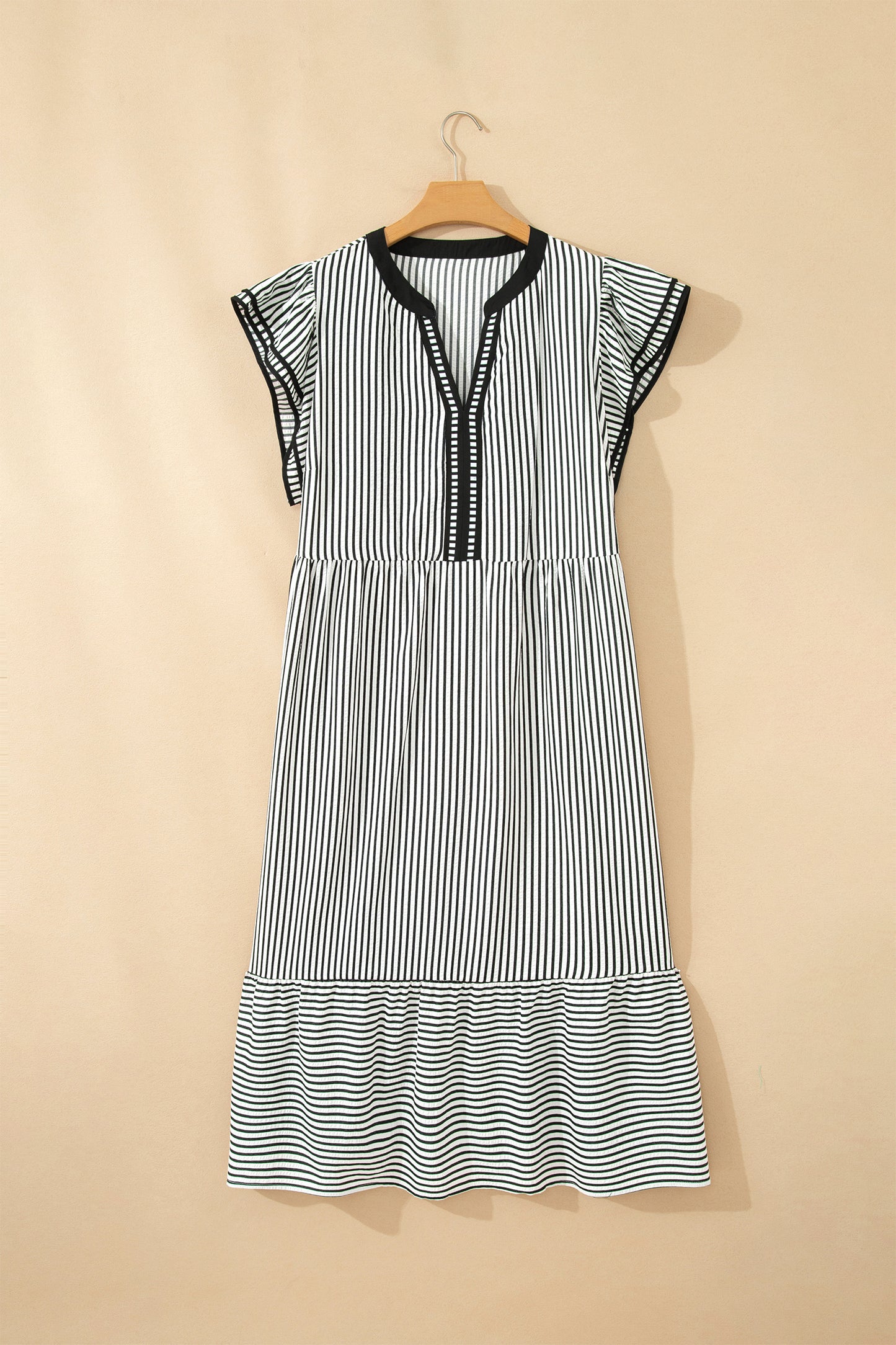 Black Stripe Plus Size Slit V Neck Tiered Flutter Sleeve Maxi Dress-TOPS / DRESSES-[Adult]-[Female]-2022 Online Blue Zone Planet