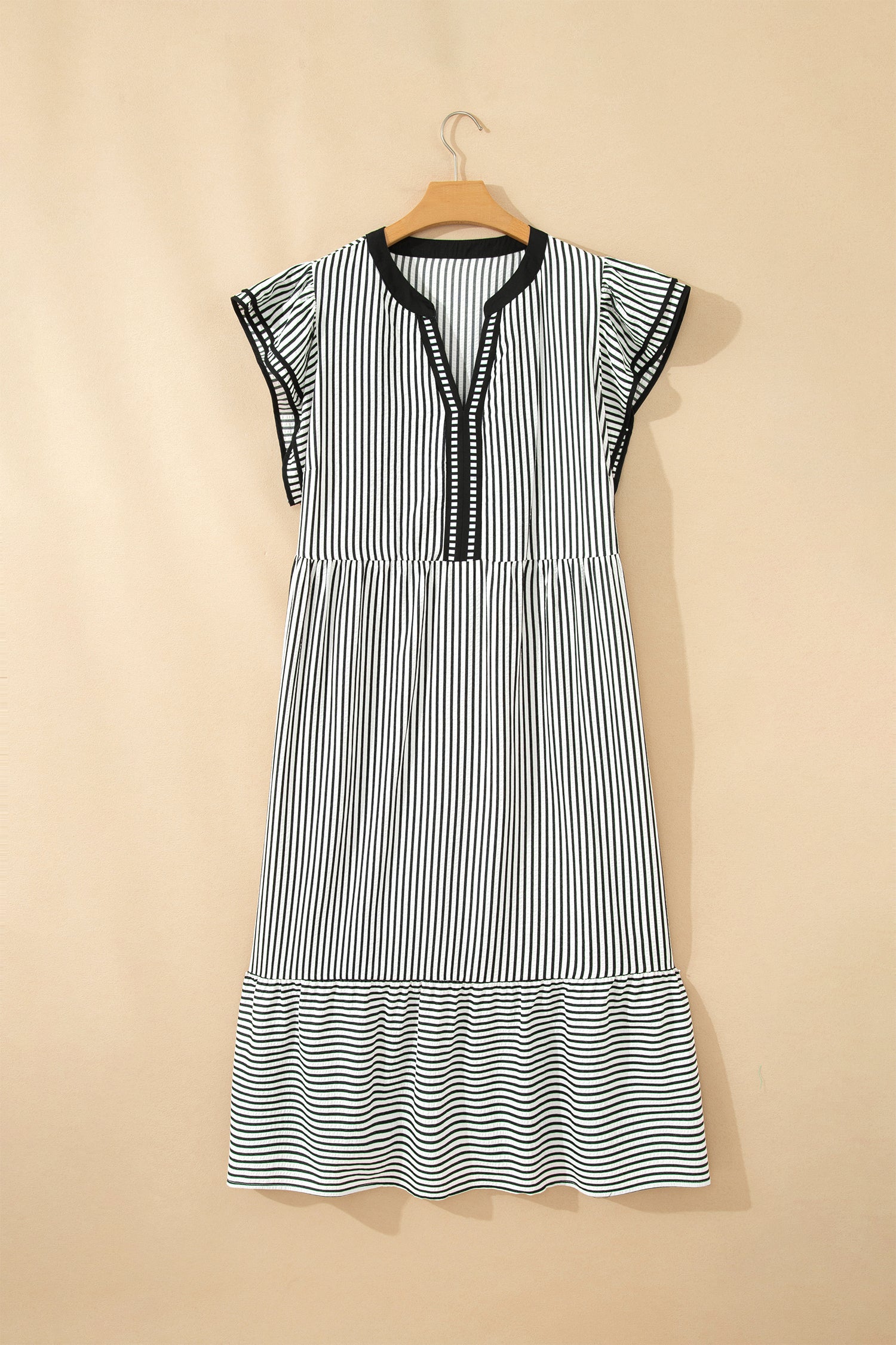 Black Stripe Plus Size Slit V Neck Tiered Flutter Sleeve Maxi Dress-TOPS / DRESSES-[Adult]-[Female]-2022 Online Blue Zone Planet