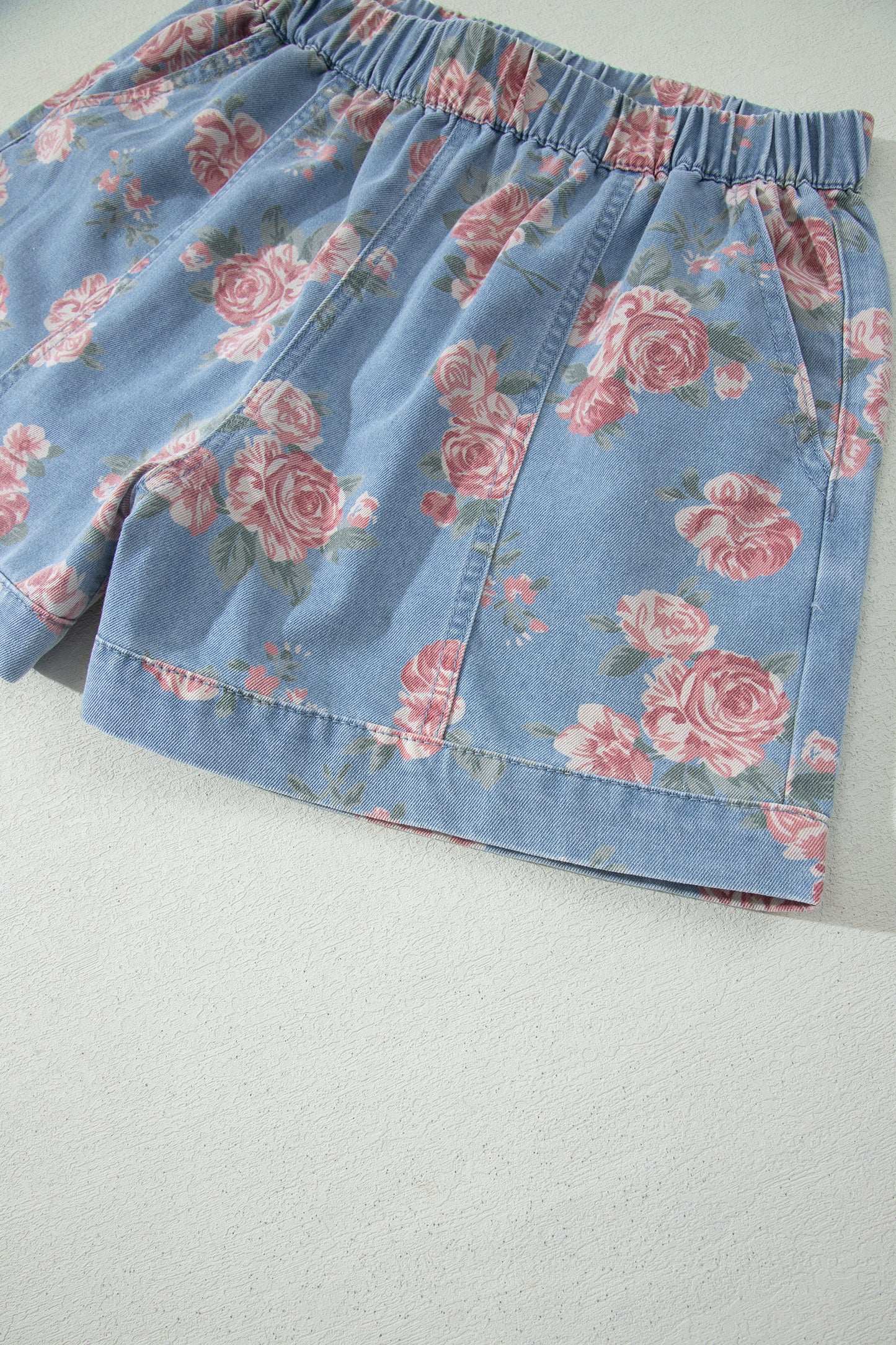 Sky Blue Floral Denim Short Sleeve Top Loose Shorts 2pcs Set-Two Piece Sets/Short Sets-[Adult]-[Female]-2022 Online Blue Zone Planet