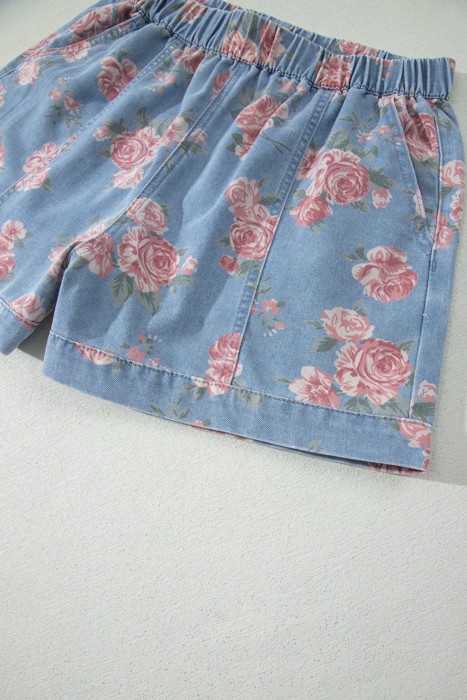 Sky Blue Floral Denim Short Sleeve Top Loose Shorts 2pcs Set-Two Piece Sets/Short Sets-[Adult]-[Female]-2022 Online Blue Zone Planet