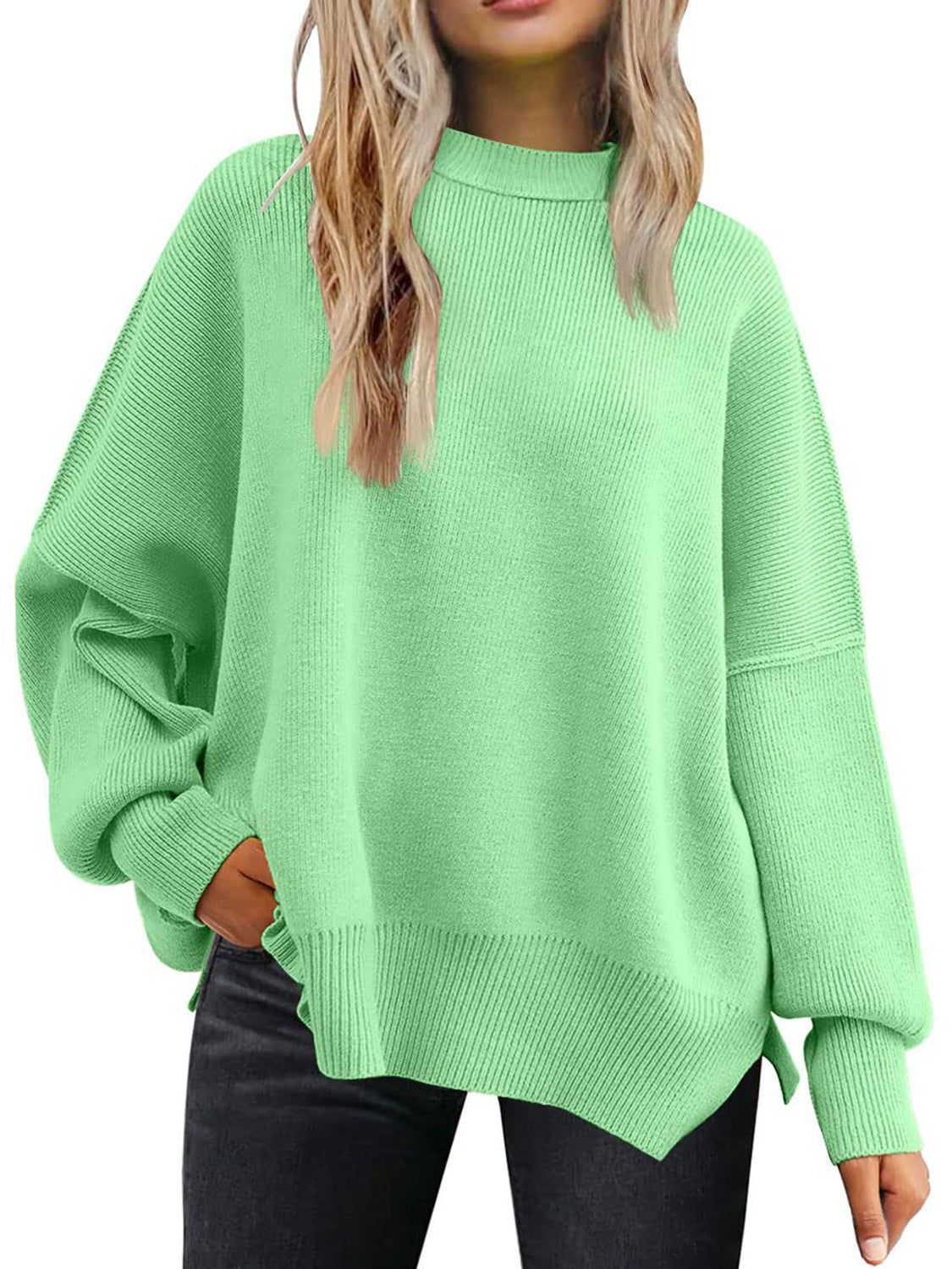 Blue Zone Planet | Slit Round Neck Dropped Shoulder Sweater-TOPS / DRESSES-[Adult]-[Female]-2022 Online Blue Zone Planet