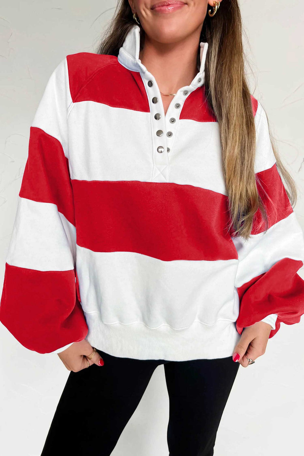 Dark Blue Striped Color Block Button V Neck Puff Sleeve Casual Sweatshirt-Tops/Sweatshirts & Hoodies-[Adult]-[Female]-Fiery Red-S-2022 Online Blue Zone Planet