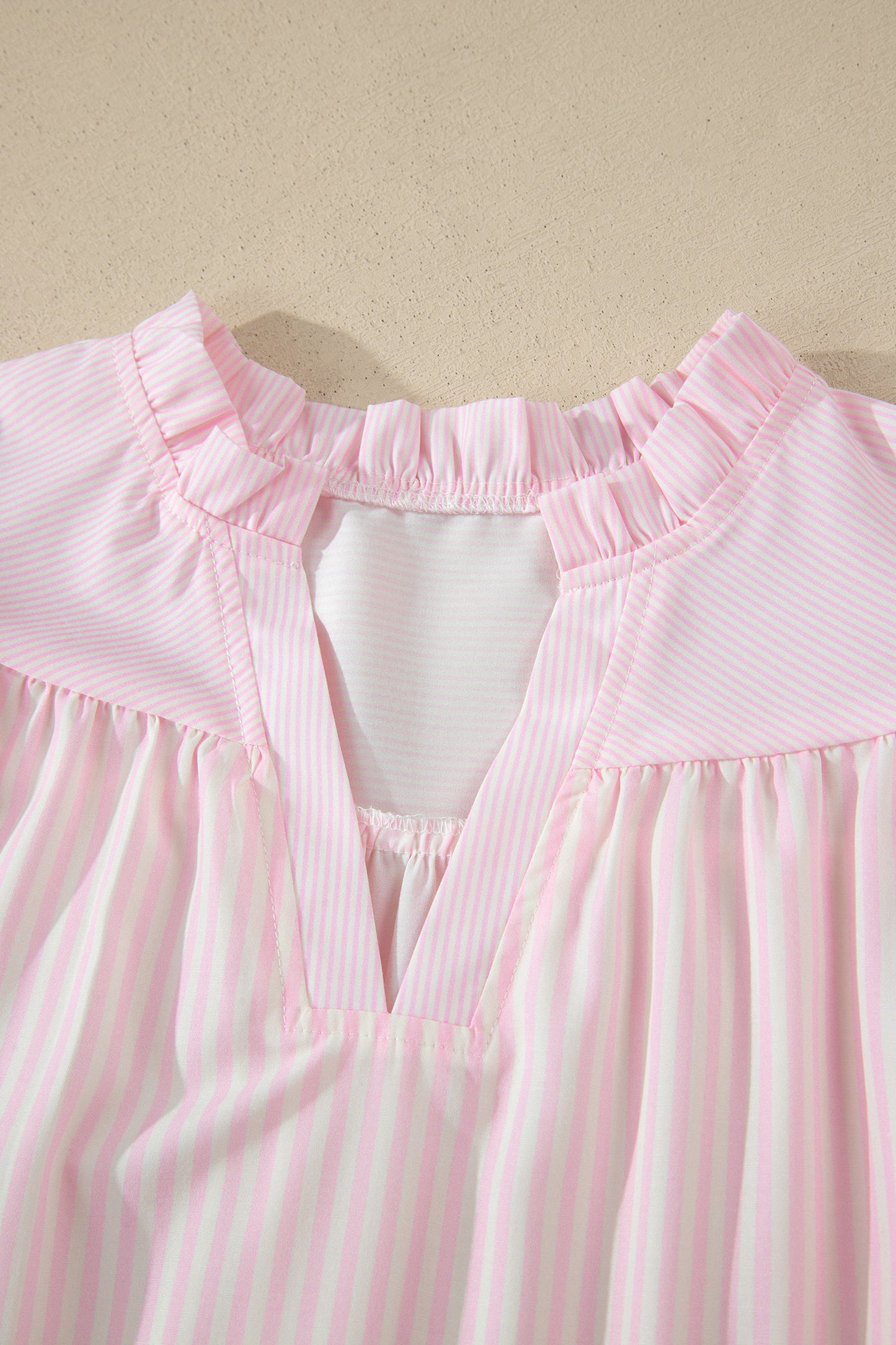Pink Stripe Contrast Trim V Neck Flutter Sleeve Blouse-Tops/Blouses & Shirts-[Adult]-[Female]-2022 Online Blue Zone Planet