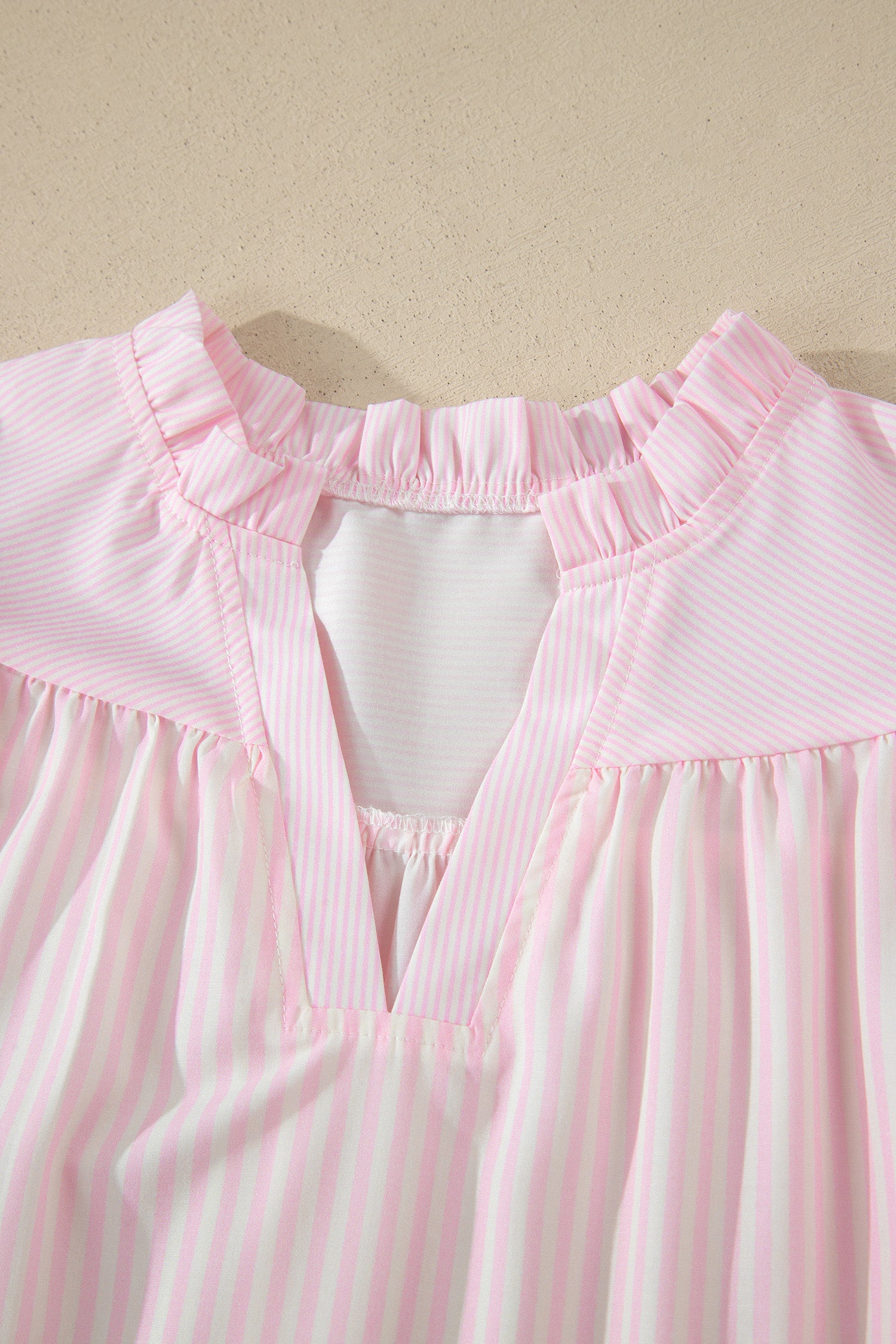 Pink Stripe Contrast Trim V Neck Flutter Sleeve Blouse-Tops/Blouses & Shirts-[Adult]-[Female]-2022 Online Blue Zone Planet