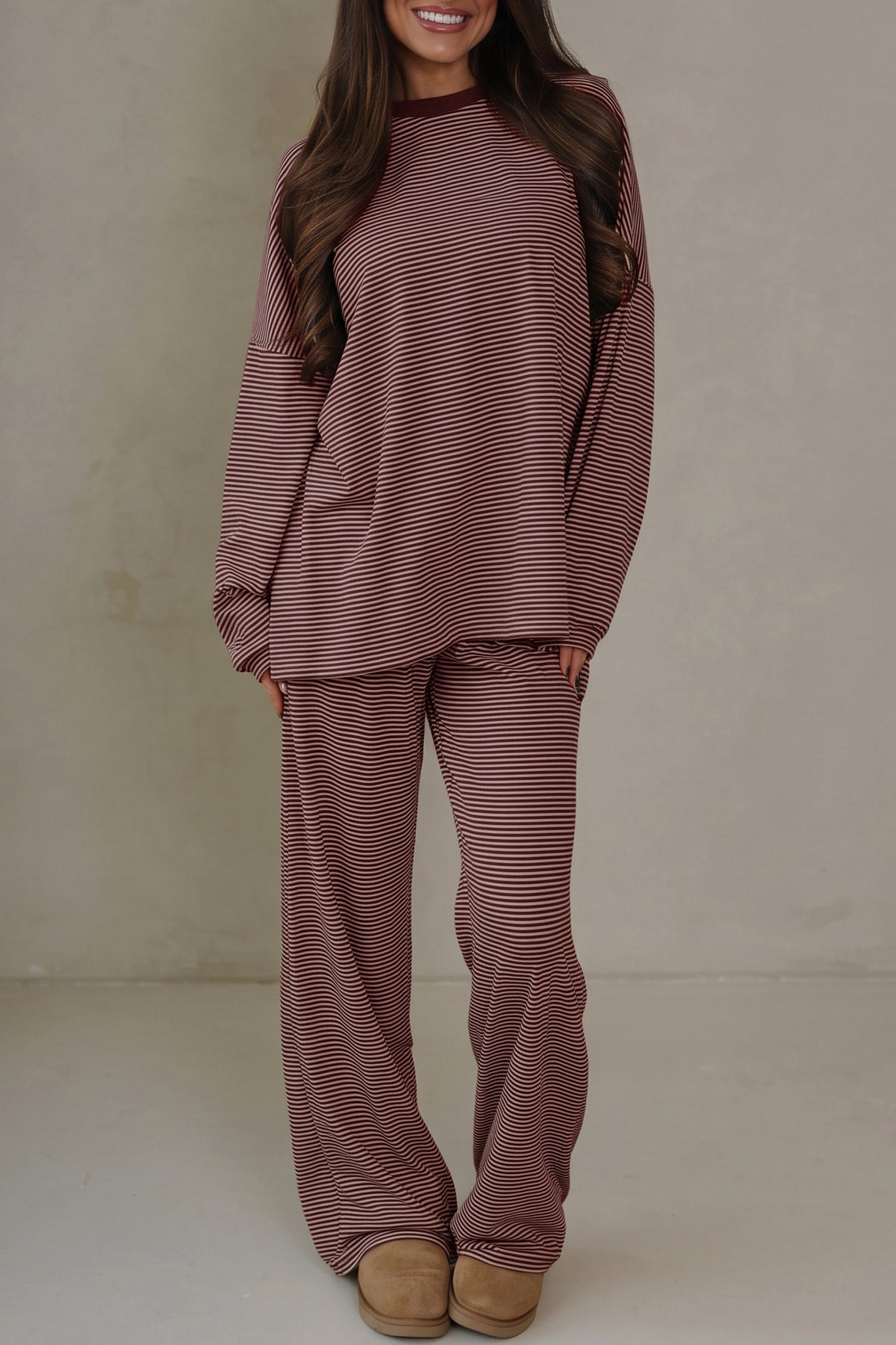 Brown Stripe Contrast Trim Round Neck Oversize Long Sleeve Top 2pcs Pant Set