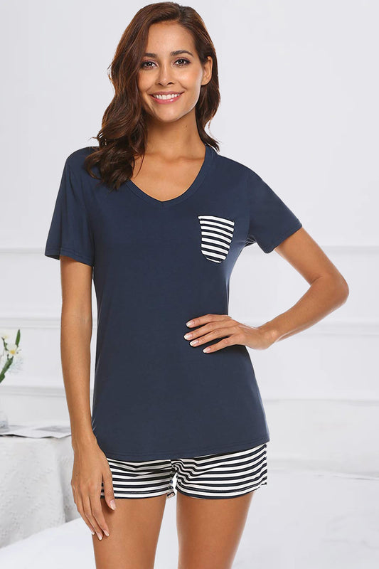 Striped Short Sleeve Top and Shorts Lounge Set-TOPS / DRESSES-[Adult]-[Female]-Dark Blue-S-2022 Online Blue Zone Planet