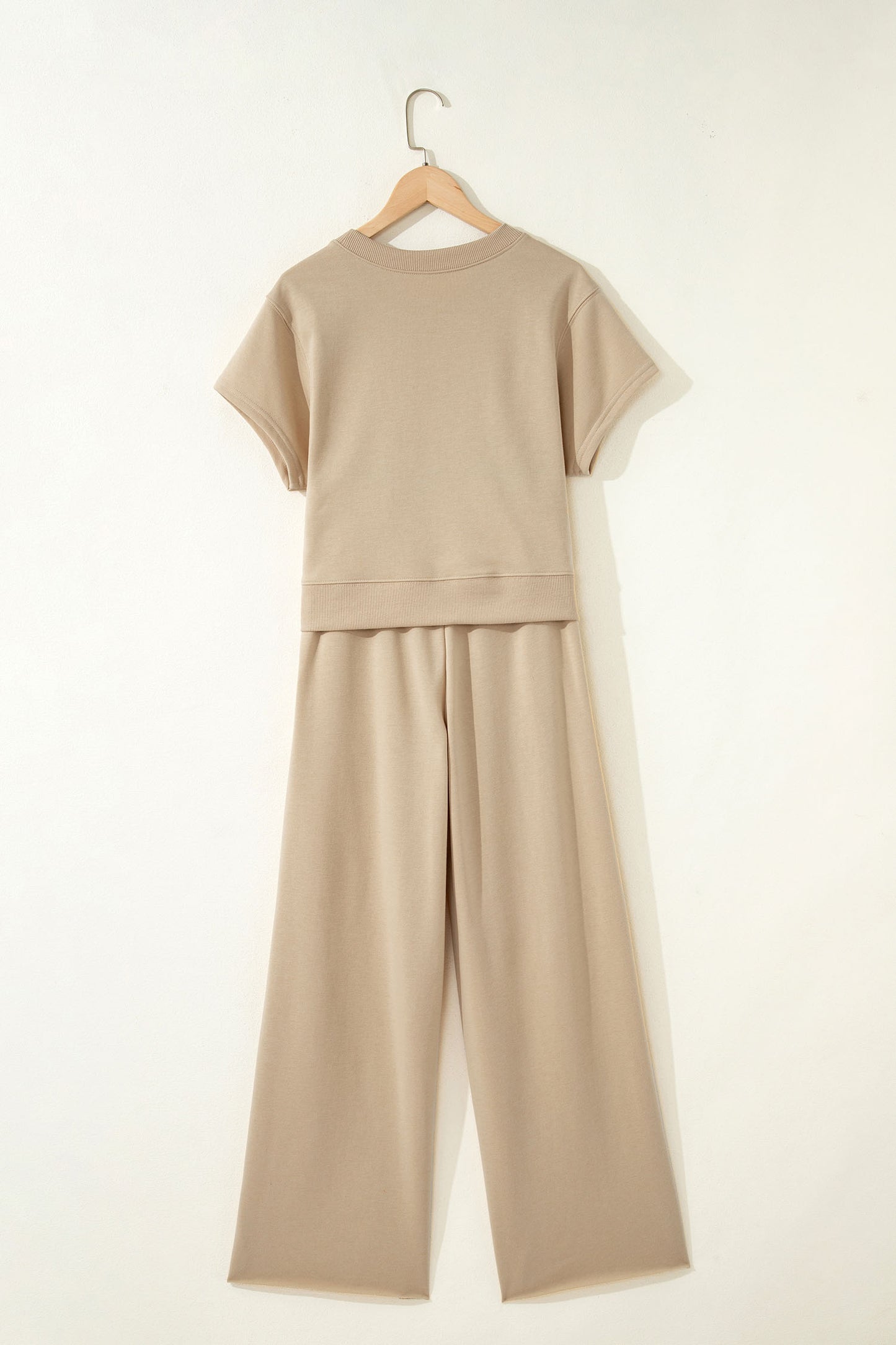 Parchment Solid Color Loose Tee Drawstring Wide Leg Pants 2pcs Outfit-Two Piece Sets/Pant Sets-[Adult]-[Female]-2022 Online Blue Zone Planet