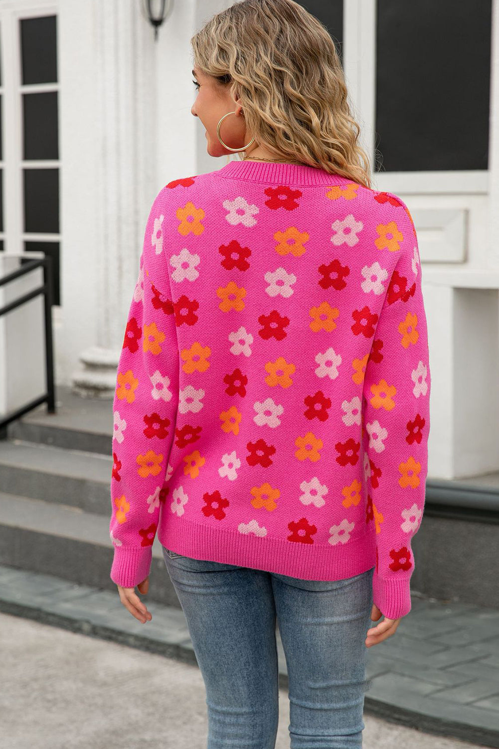 Rose Cute Flower Allover Ribbed Trimmed Drop Shoulder Pullover Sweater-TOPS / DRESSES-[Adult]-[Female]-2022 Online Blue Zone Planet