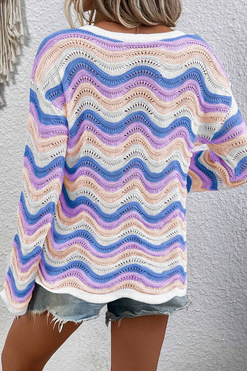 Purple Stripe Wavy Pointelle Knit Drop Shoulder Sweater-Sweaters & Cardigans/Sweaters-[Adult]-[Female]-2022 Online Blue Zone Planet