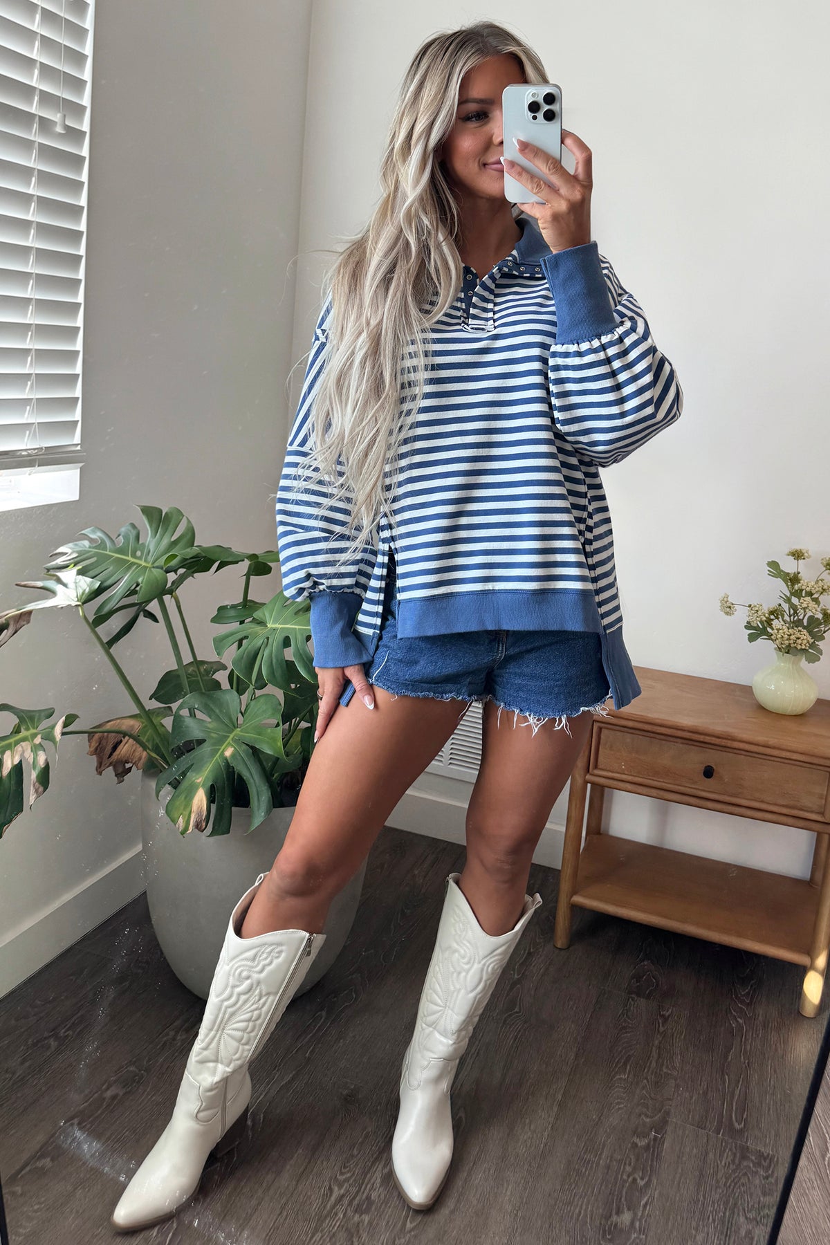 Blue Stripe Color Block Trim Raw Seam Split Hem Loose Pullover Sweatshirt-Tops/Sweatshirts & Hoodies-[Adult]-[Female]-2022 Online Blue Zone Planet