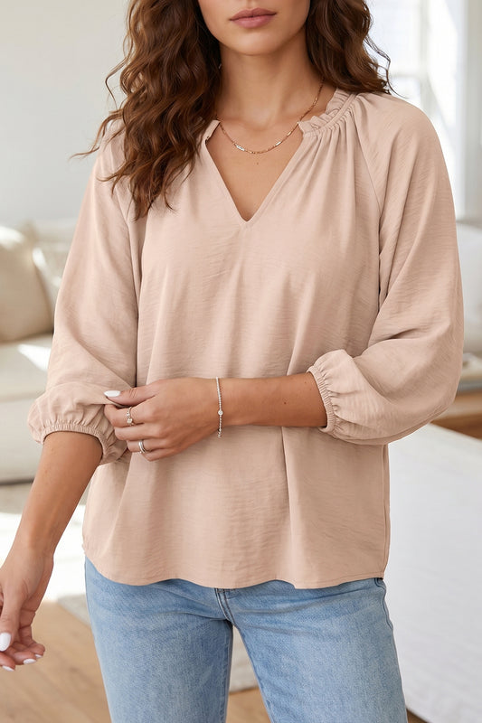 Parchment V Neck Gathered Cuff Three Quarter Sleeve Blouse-Tops/Blouses & Shirts-[Adult]-[Female]-Parchment-S-2022 Online Blue Zone Planet