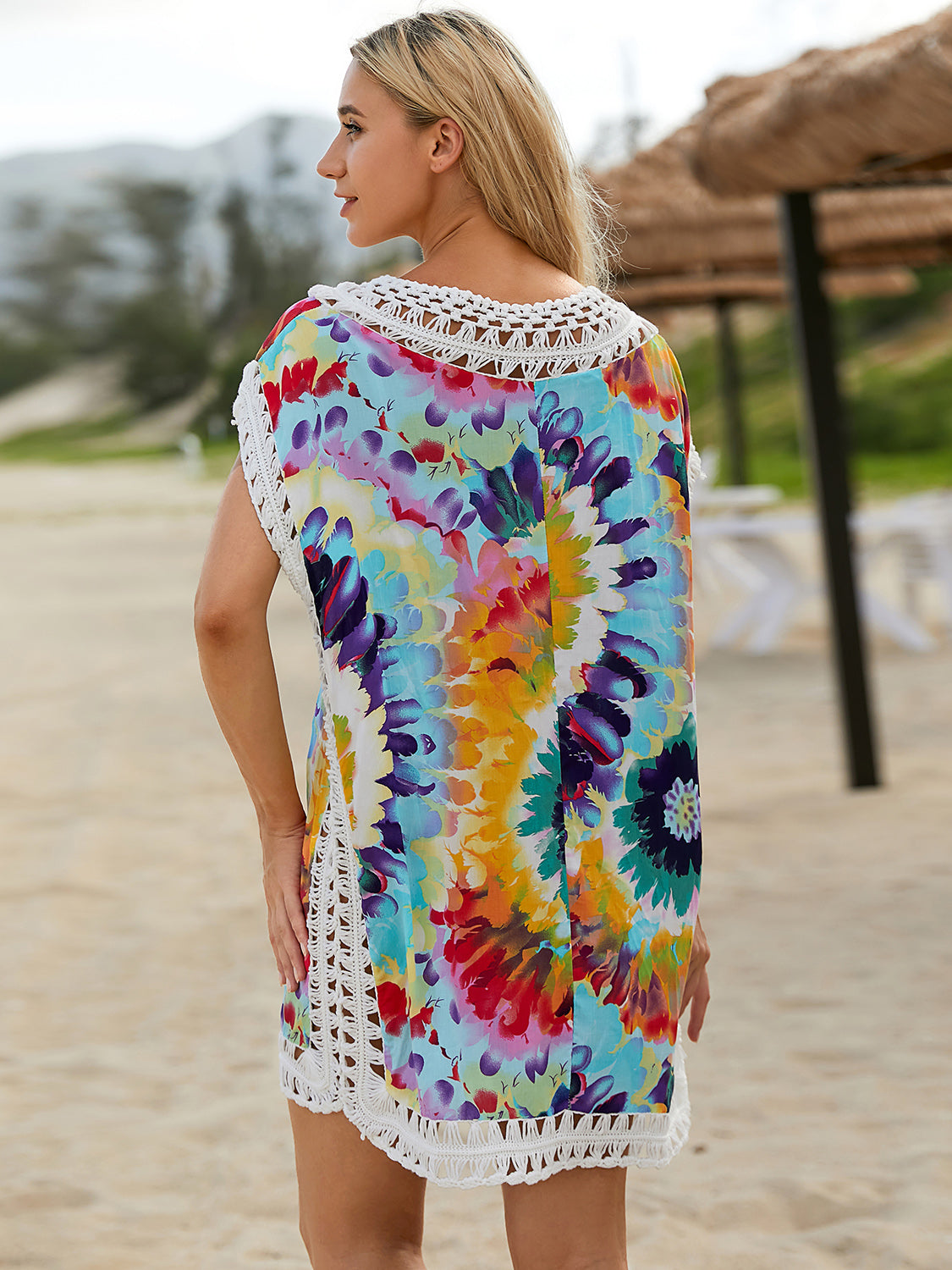 Openwork Printed Round Neck Cover Up-TOPS / DRESSES-[Adult]-[Female]-2022 Online Blue Zone Planet