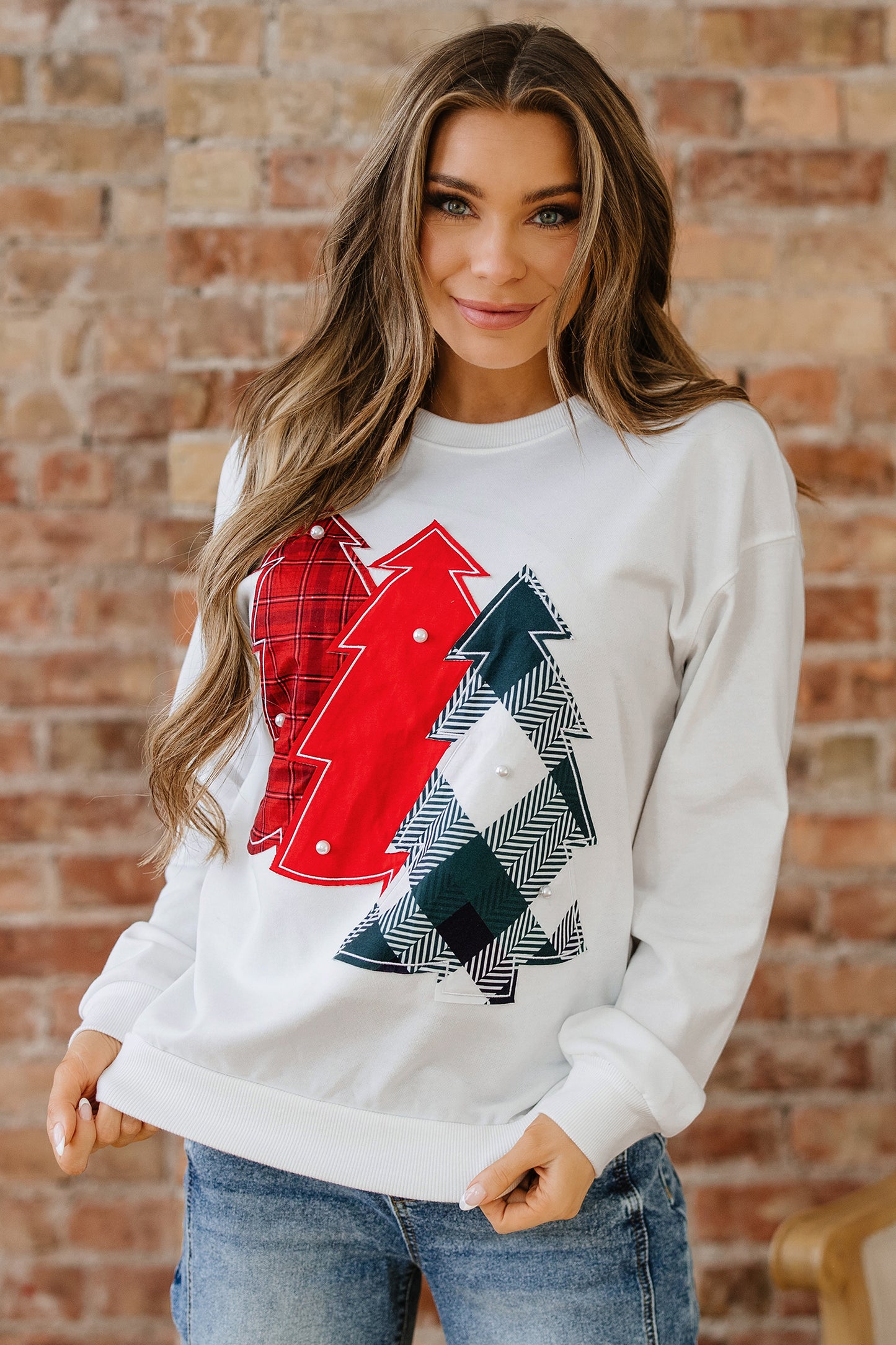 White Pearl Plaid Christmas Tree Patched Drop Shoulder Sweatshirt-Tops/Sweatshirts & Hoodies-[Adult]-[Female]-2022 Online Blue Zone Planet