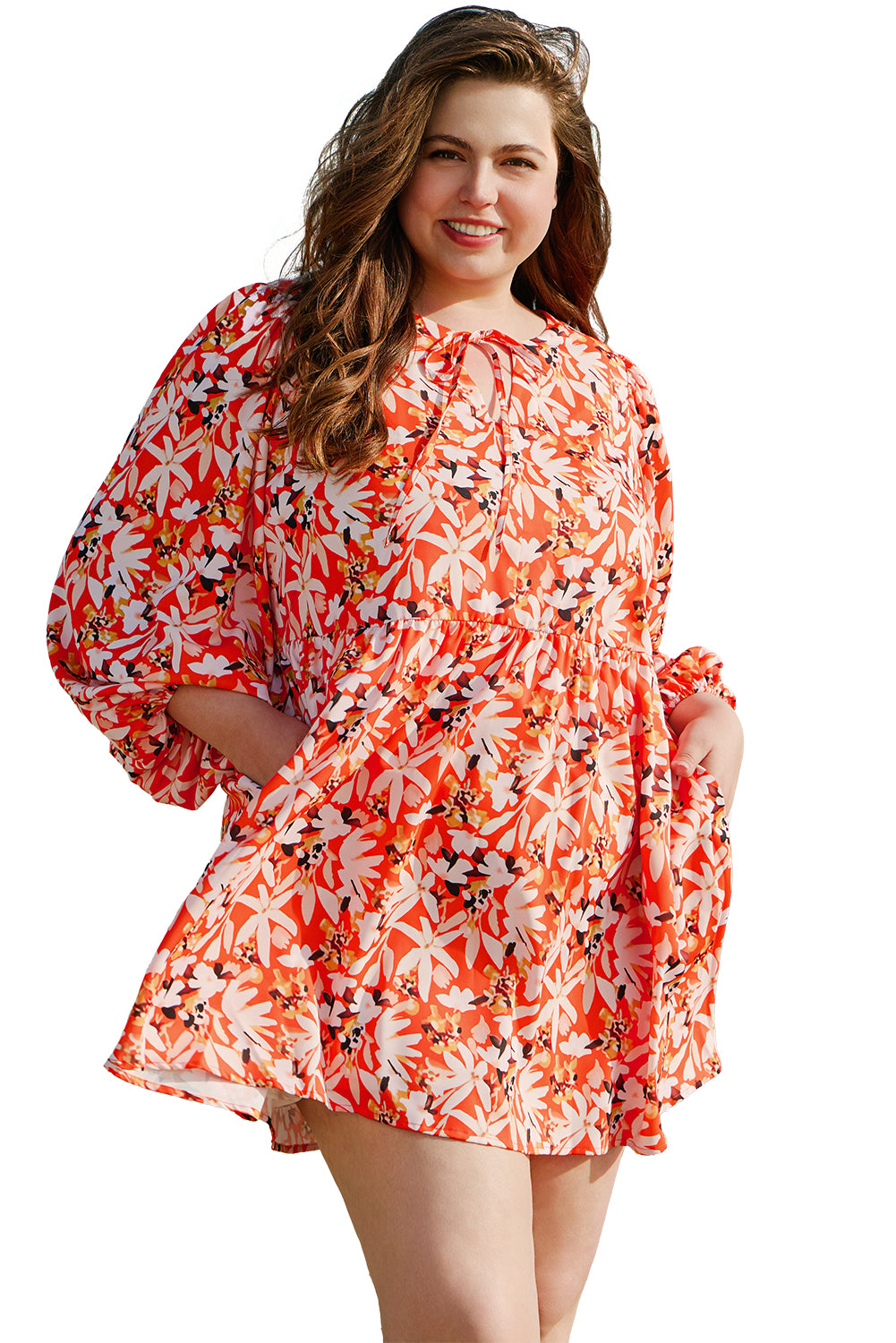 Blue Zone Planet | Orange Floral Print Split V Neck Bubble Sleeve Plus Size Midi Dress-TOPS / DRESSES-[Adult]-[Female]-2022 Online Blue Zone Planet