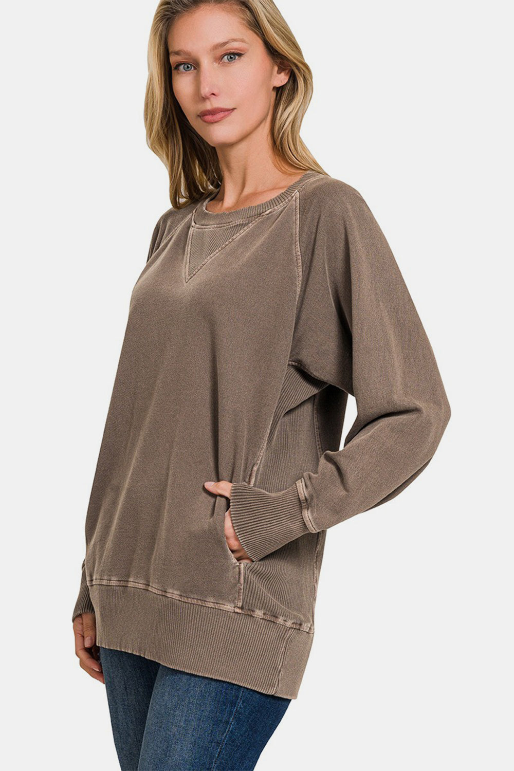 Blue Zone Planet | Zenana Round Neck Long Sleeve Sweatshirt-TOPS / DRESSES-[Adult]-[Female]-2022 Online Blue Zone Planet