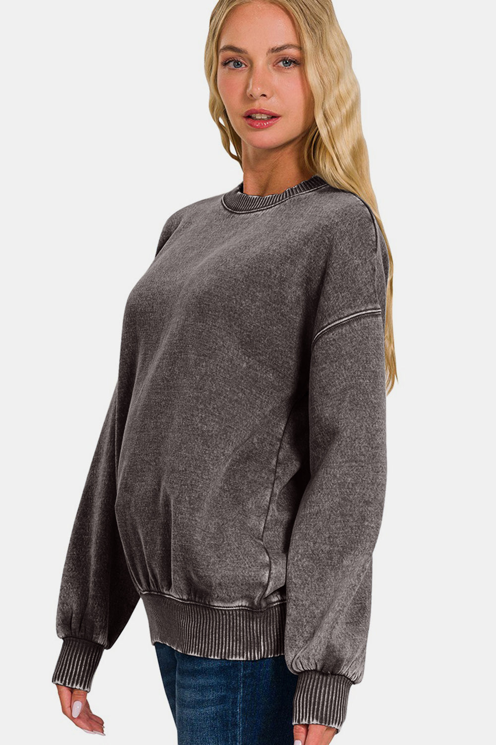 Zenana Full Size Acid Wash Fleece Long Sleeve Sweatshirt-TOPS / DRESSES-[Adult]-[Female]-2022 Online Blue Zone Planet