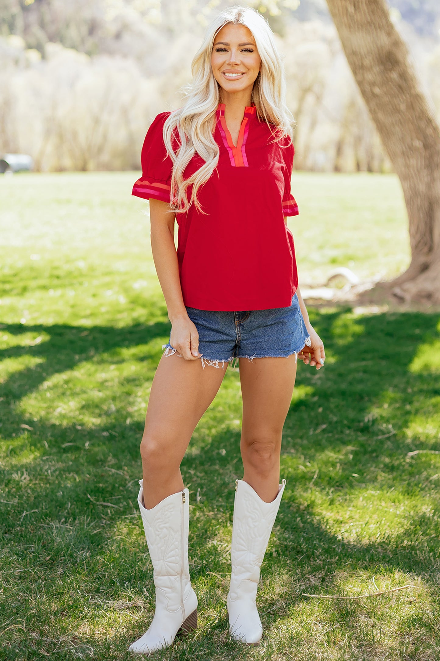 Fiery Red Striped Frilled Collar Ruffled Short Sleeve Blouse-Tops/Blouses & Shirts-[Adult]-[Female]-2022 Online Blue Zone Planet