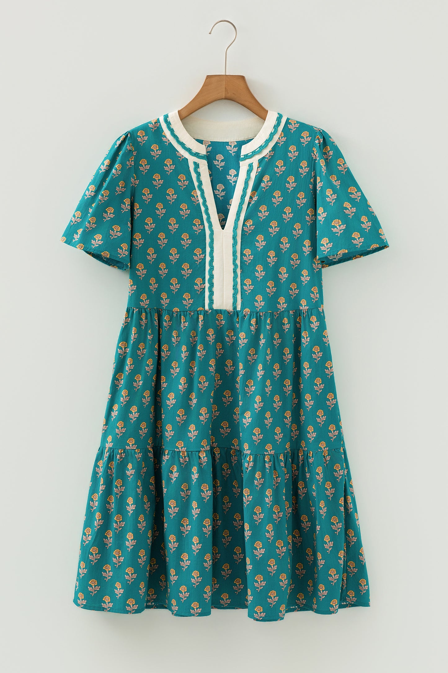 Green Contrast Trim V Neck Short Sleeve Floral Dress-TOPS / DRESSES-[Adult]-[Female]-2022 Online Blue Zone Planet