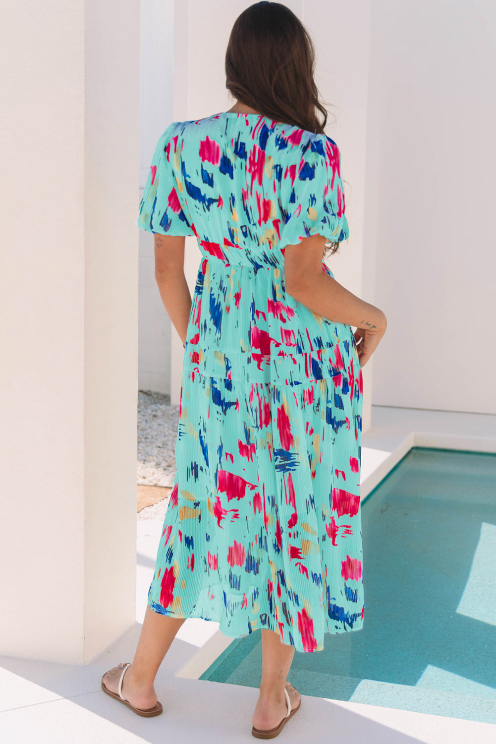 Sky Blue Abstract Print Short Puff Sleeve Tiered Maxi Dress-TOPS / DRESSES-[Adult]-[Female]-2022 Online Blue Zone Planet