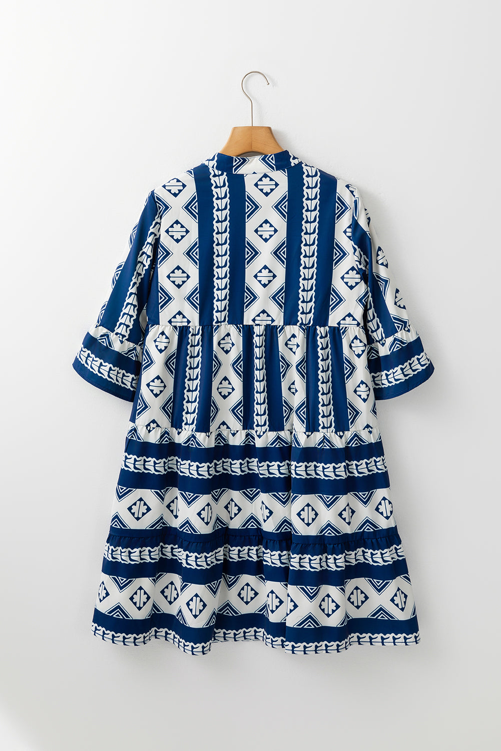 Blue Geometric Print V Neck Ruffled Dress-Dresses/Mini Dresses-[Adult]-[Female]-2022 Online Blue Zone Planet