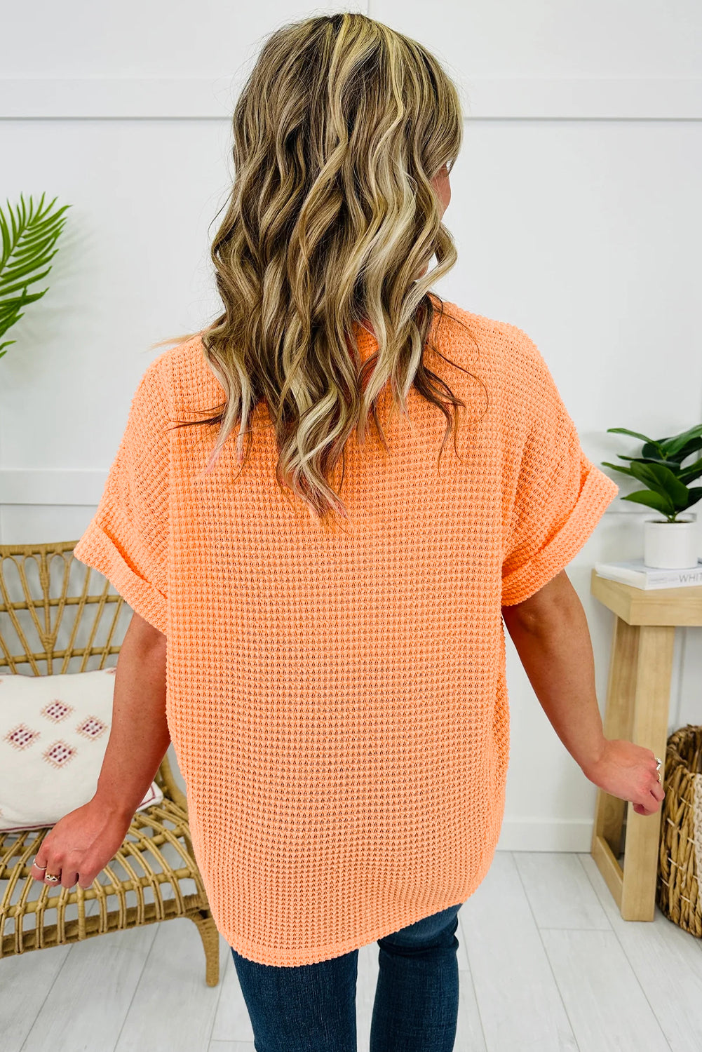 Grapefruit Orange Waffle V Neck Short Sleeve Knit Top-Tops/Tops & Tees-[Adult]-[Female]-2022 Online Blue Zone Planet