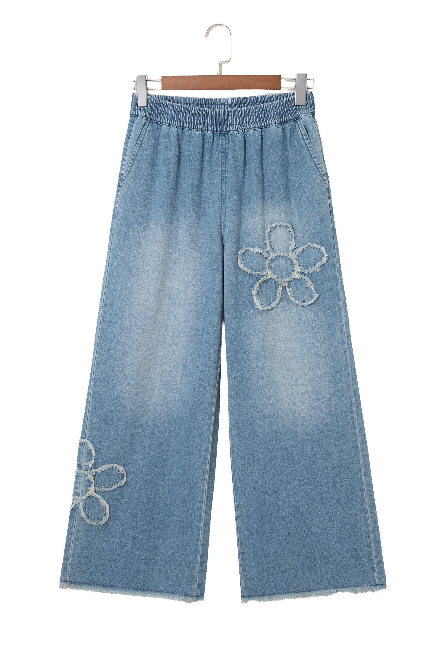 Beau Blue Frayed Floral Patch Wide Leg Raw Hem Wide Leg Jeans-Bottoms/Jeans-[Adult]-[Female]-2022 Online Blue Zone Planet