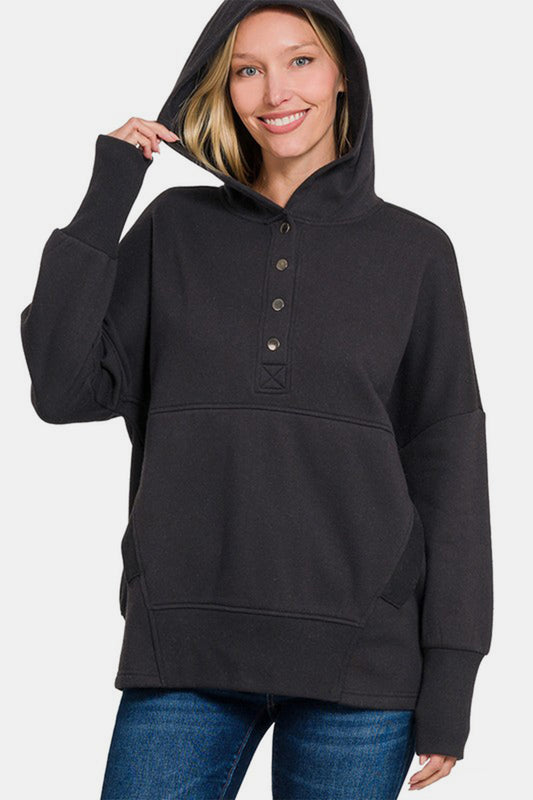 Zenana Half Snap Long Sleeve Hoodie with Kangaroo Pocket-TOPS / DRESSES-[Adult]-[Female]-Black-S/M-2022 Online Blue Zone Planet