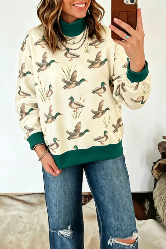 Multicolour Mallard Print Patchwork Colorblock High Neck Sweatshirt-Tops/Sweatshirts & Hoodies-[Adult]-[Female]-2022 Online Blue Zone Planet