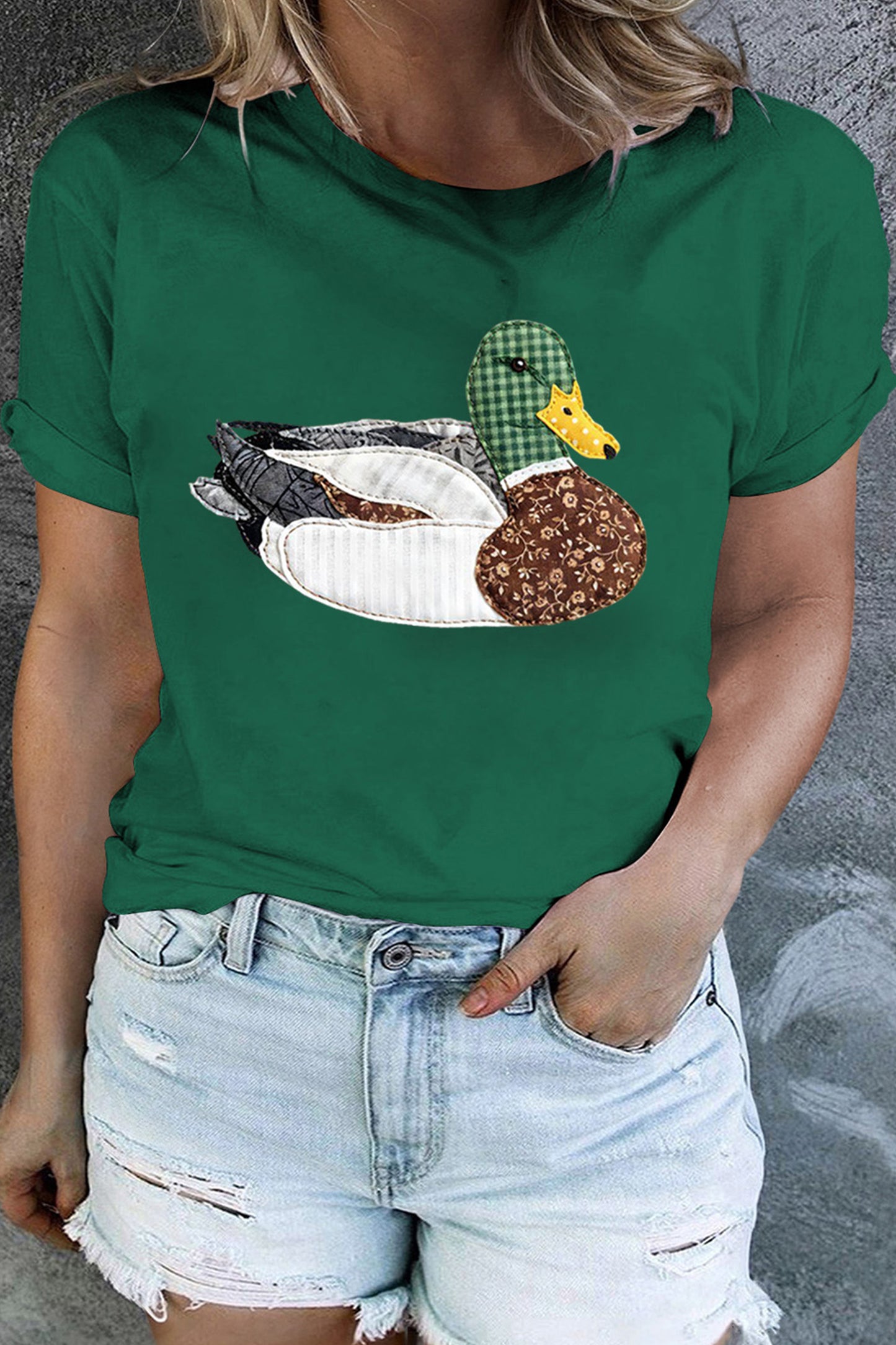 Dark Green Faux Patchwork Mallard Duck Plus Size Graphic Tee-Plus Size/Plus Size Tops/Plus Size Tops & Tees-[Adult]-[Female]-2022 Online Blue Zone Planet