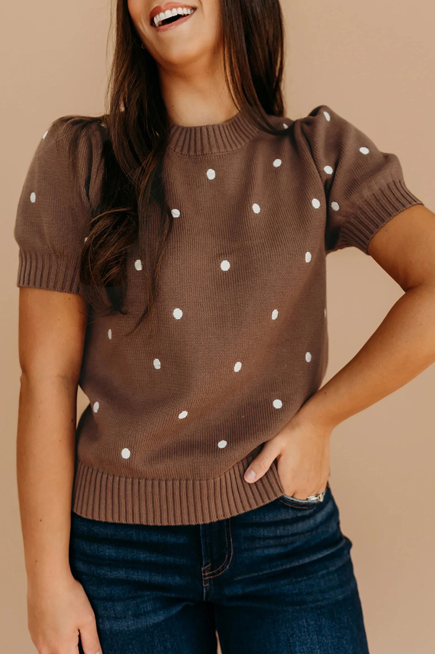 Chestnut Elegant Polka Dot Bubble Short Sleeve Sweater-Sweaters & Cardigans/Short Sleeve Sweaters-[Adult]-[Female]-Chestnut-S-2022 Online Blue Zone Planet