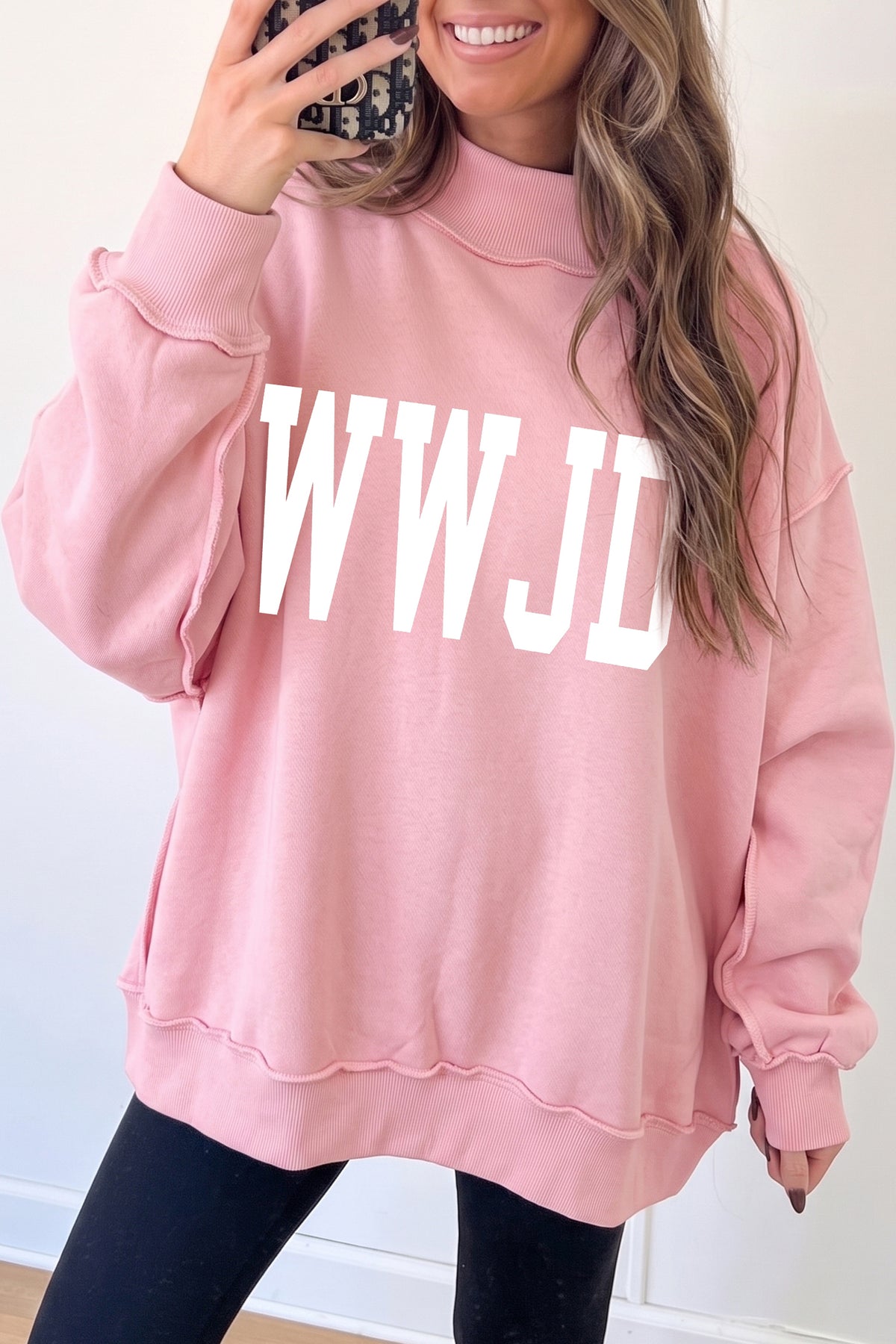 Light Pink WWJD/ AMEN Double Side Printed Mock Neck Reversible Sweatshirt-Graphic/Graphic Sweatshirts-[Adult]-[Female]-2022 Online Blue Zone Planet
