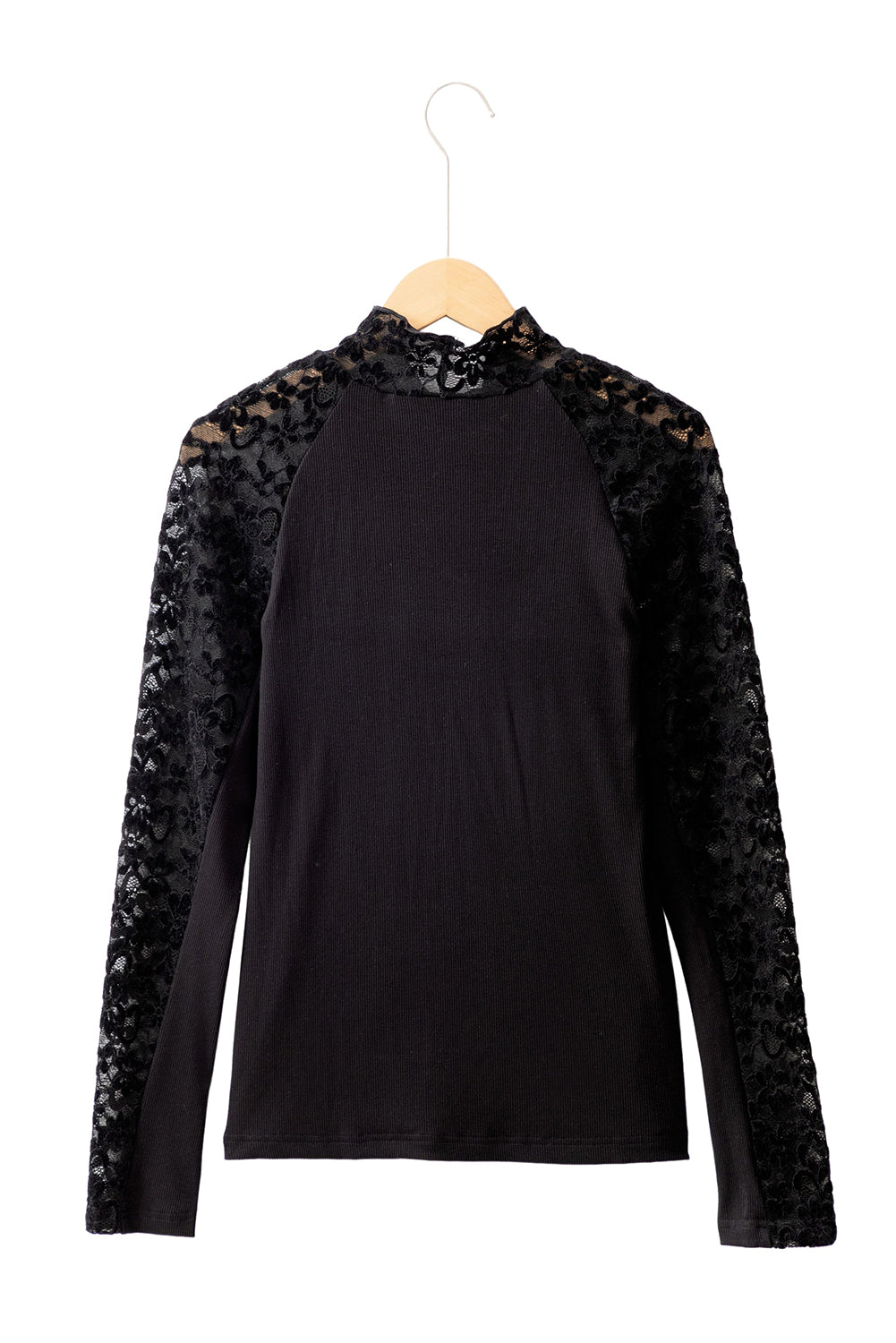 Black Floral Lace Patchwork Long Sleeve High Neck Slim Top-Tops/Long Sleeve Tops-[Adult]-[Female]-2022 Online Blue Zone Planet