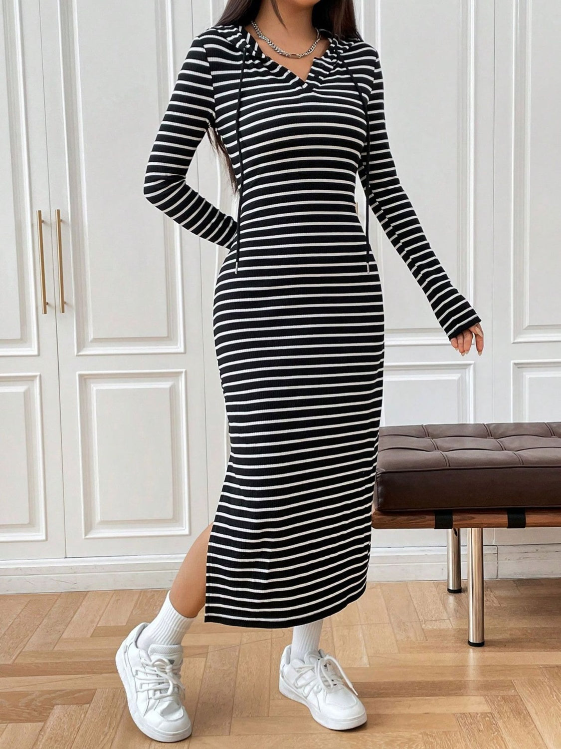 Blue Zone Planet | Drawstring Striped Long Sleeve Hooded Dress-TOPS / DRESSES-[Adult]-[Female]-2022 Online Blue Zone Planet